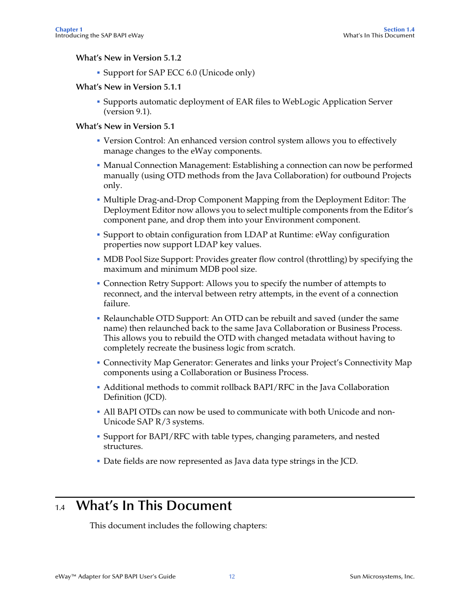 4 what’s in this document, What’s in this document | Sun Microsystems eWay SAP BAPI User Manual | Page 12 / 123