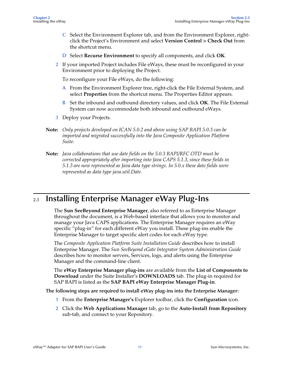 3 installing enterprise manager eway plug-ins, Installing enterprise manager eway plug-ins | Sun Microsystems eWay SAP BAPI User Manual | Page 19 / 123