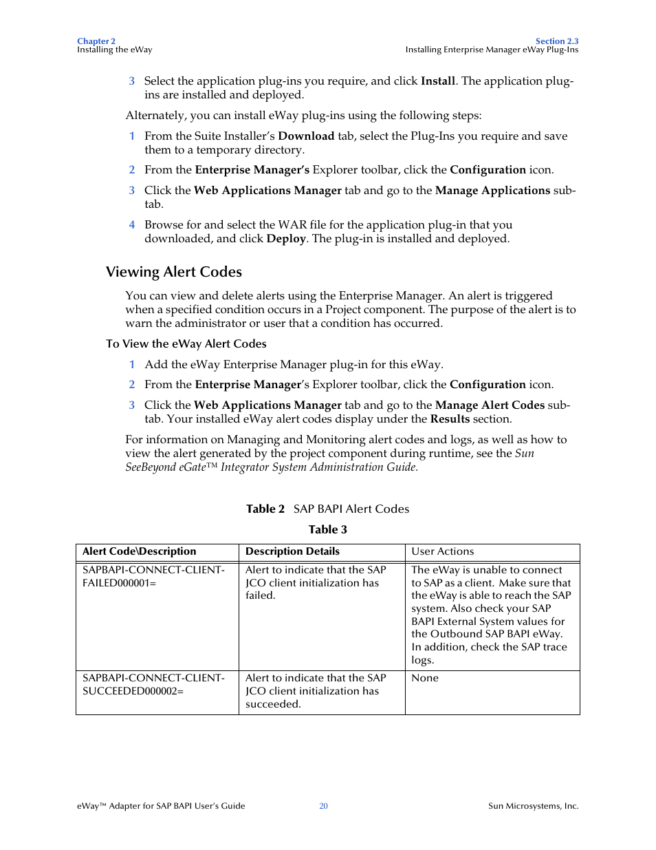 Viewing alert codes | Sun Microsystems eWay SAP BAPI User Manual | Page 20 / 123