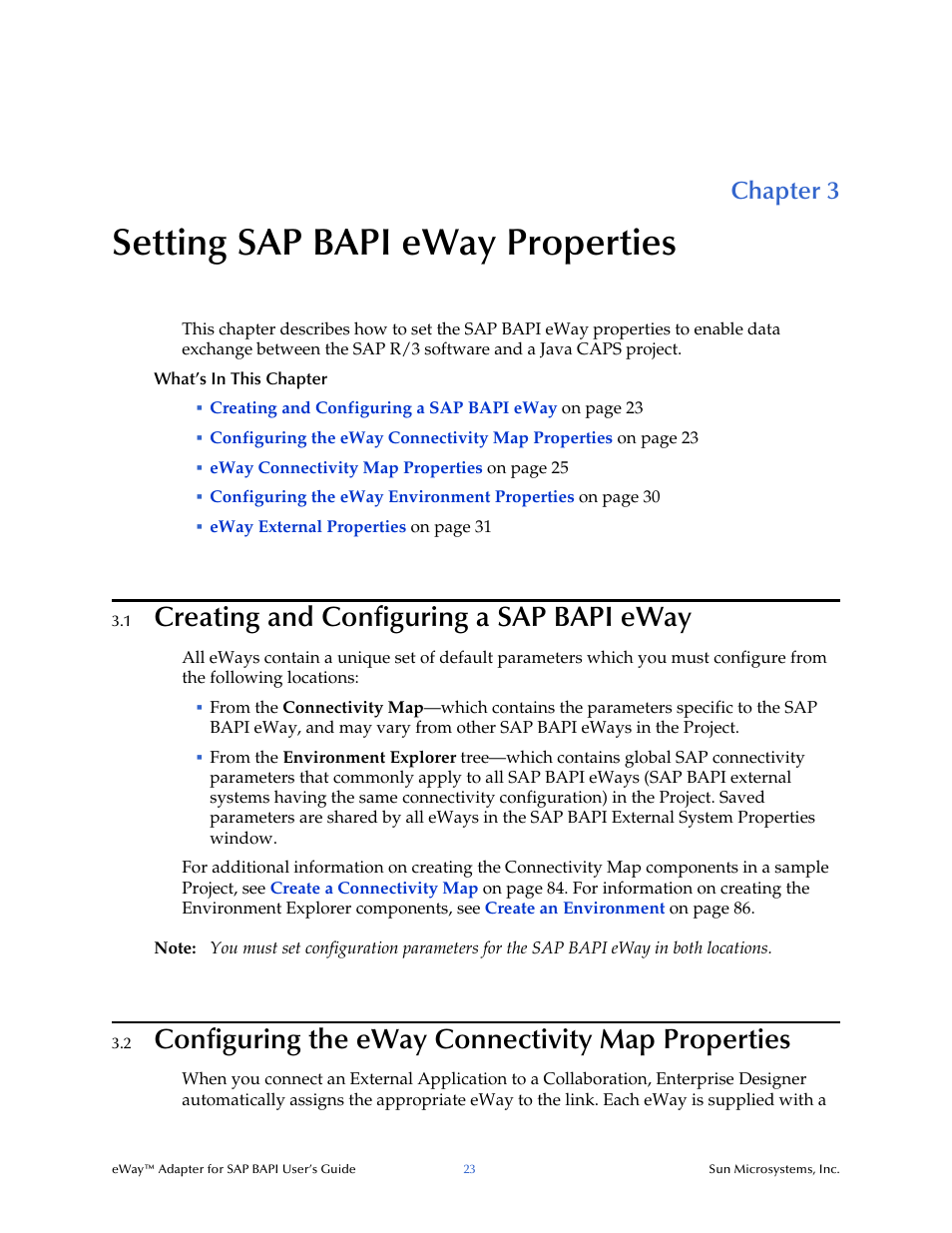 Setting sap bapi eway properties, 1 creating and configuring a sap bapi eway, 2 configuring the eway connectivity map properties | Chapter 3, Creating and configuring a sap bapi eway, Configuring the eway connectivity map properties | Sun Microsystems eWay SAP BAPI User Manual | Page 23 / 123