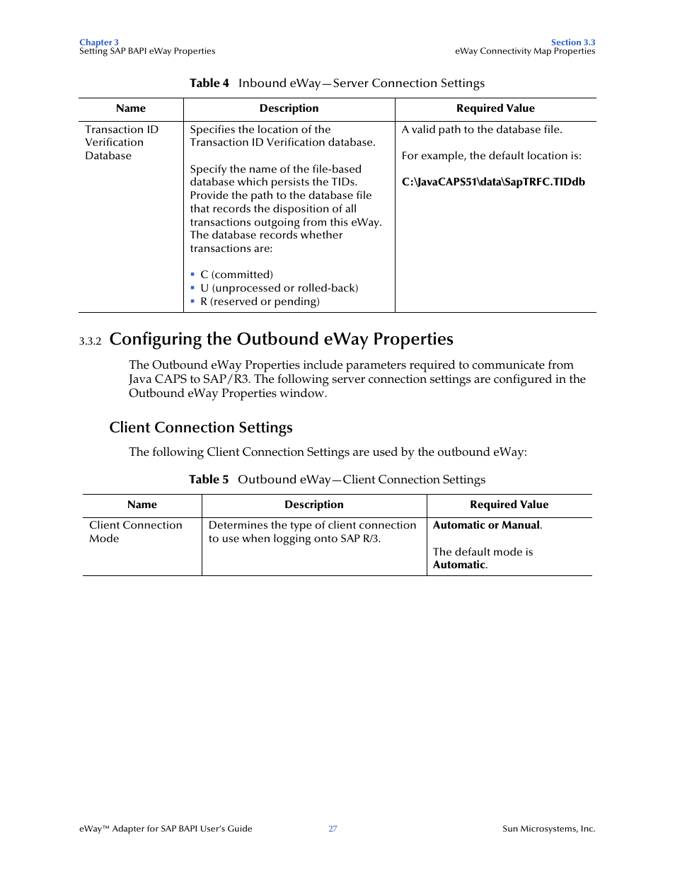 2 configuring the outbound eway properties, Client connection settings, Configuring the outbound eway properties | Sun Microsystems eWay SAP BAPI User Manual | Page 27 / 123