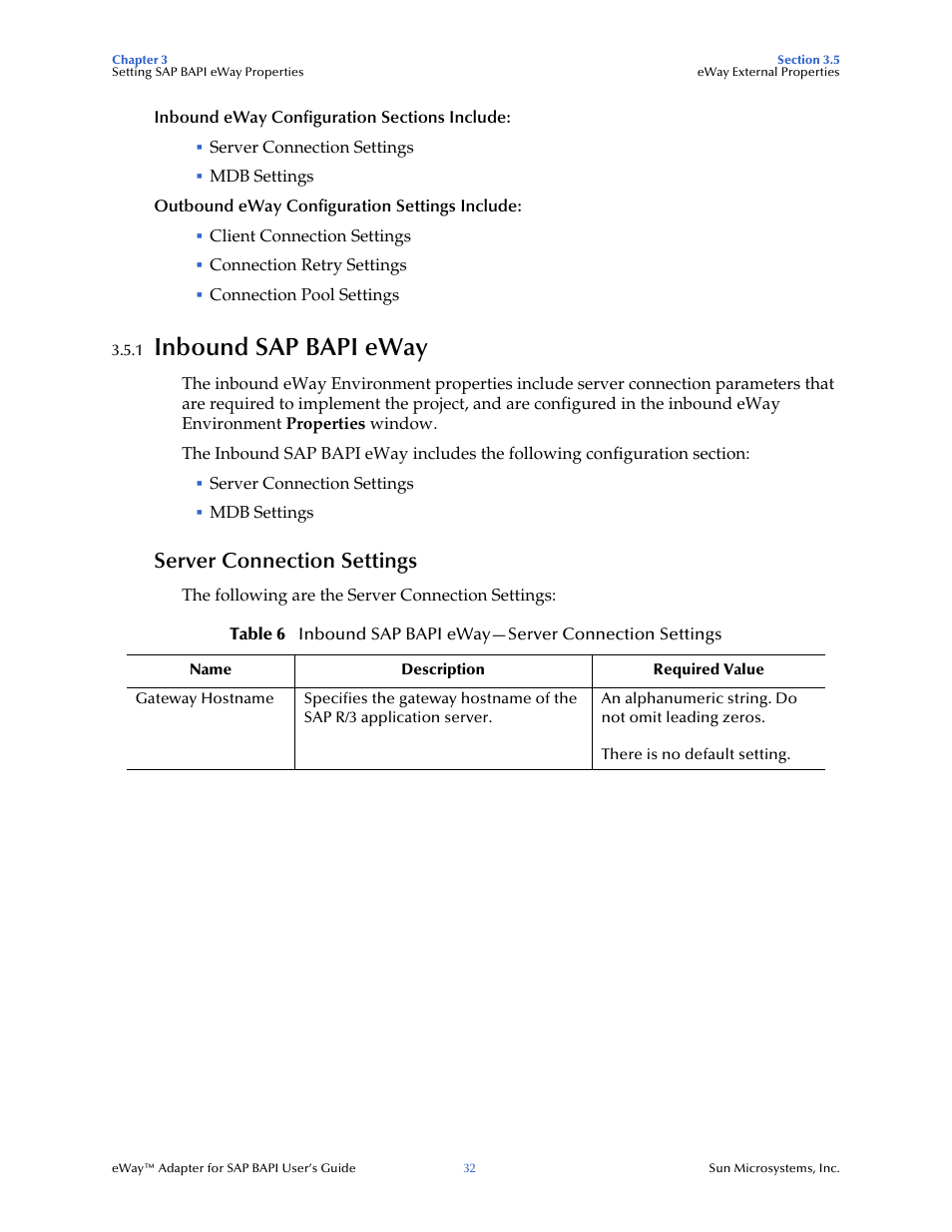 1 inbound sap bapi eway, Server connection settings, Inbound sap bapi eway | Sun Microsystems eWay SAP BAPI User Manual | Page 32 / 123