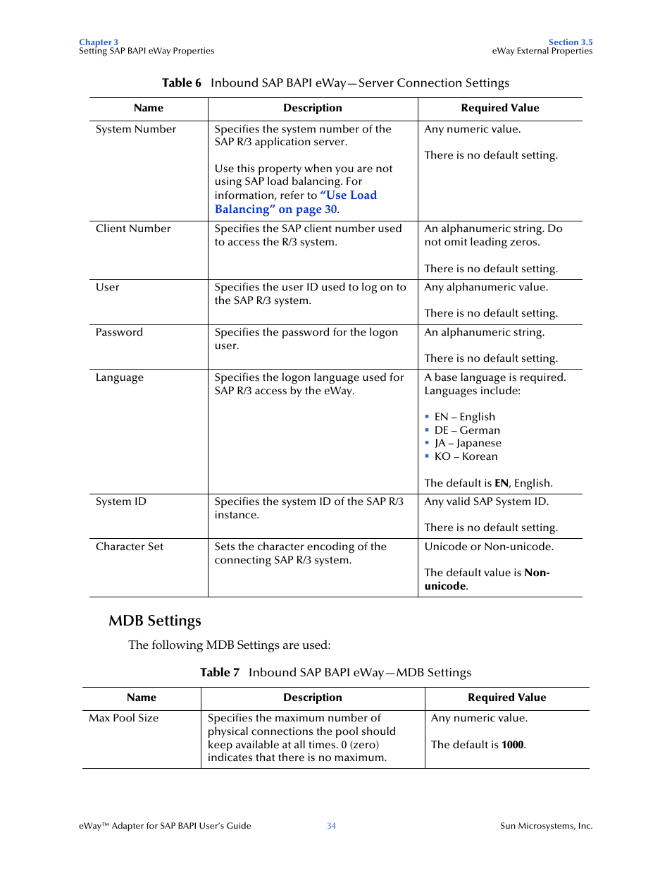 Mdb settings | Sun Microsystems eWay SAP BAPI User Manual | Page 34 / 123