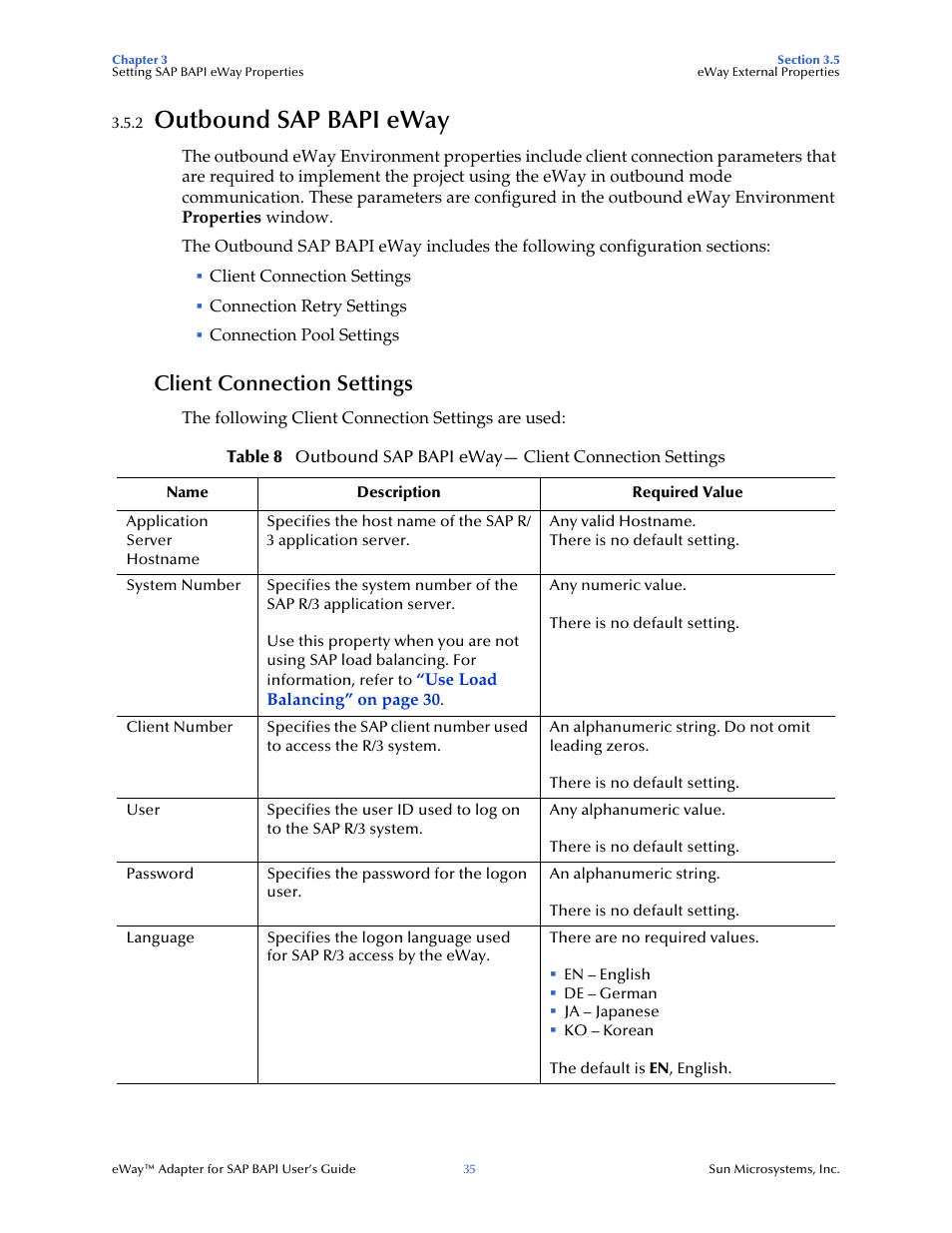 2 outbound sap bapi eway, Client connection settings, Outbound sap bapi eway | Sun Microsystems eWay SAP BAPI User Manual | Page 35 / 123