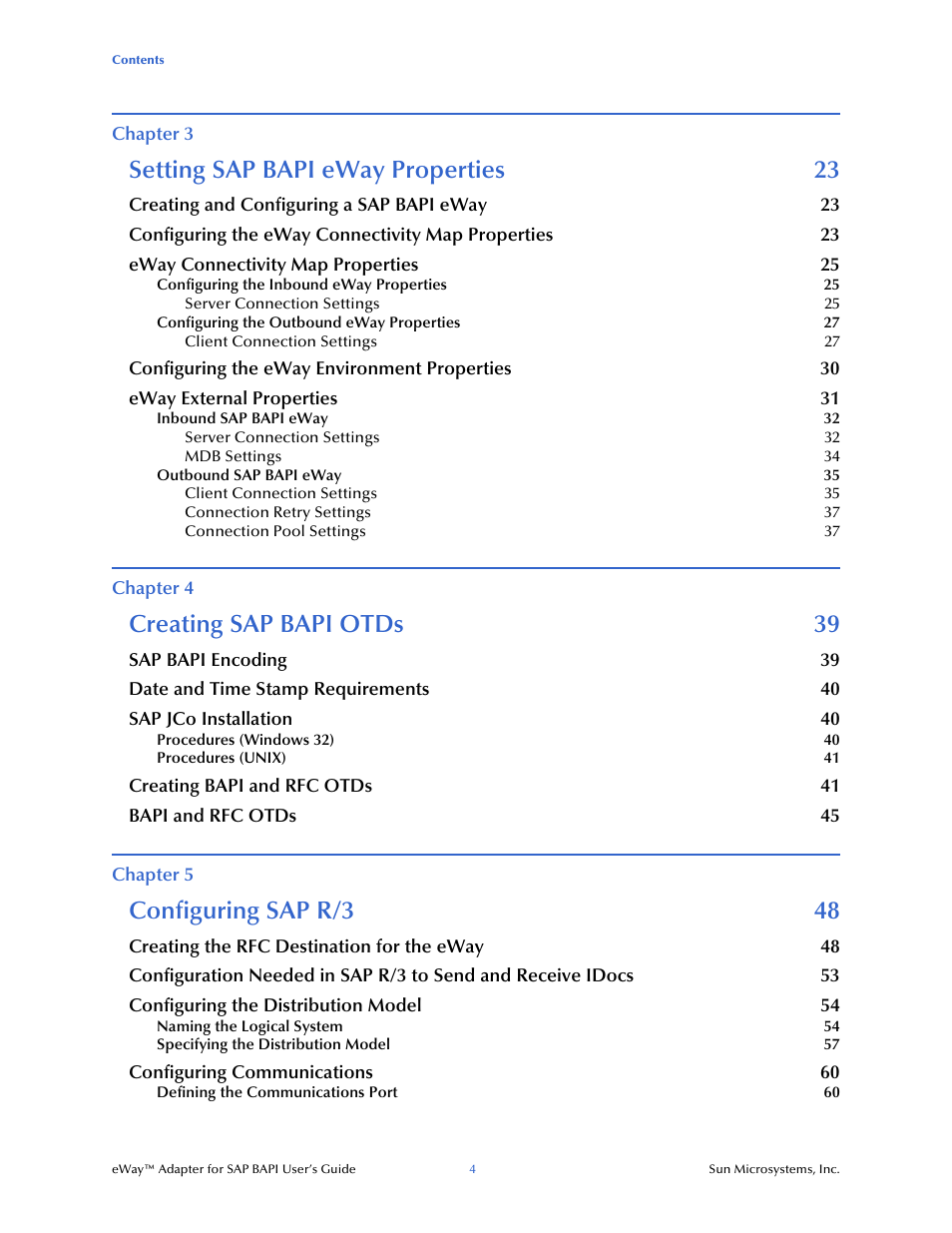 Setting sap bapi eway properties 23, Creating sap bapi otds 39, Configuring sap r/3 48 | Sun Microsystems eWay SAP BAPI User Manual | Page 4 / 123