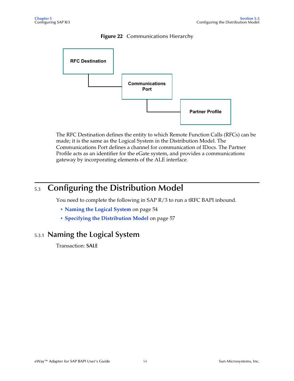 3 configuring the distribution model, 1 naming the logical system, Configuring the distribution model | Naming the logical system | Sun Microsystems eWay SAP BAPI User Manual | Page 54 / 123