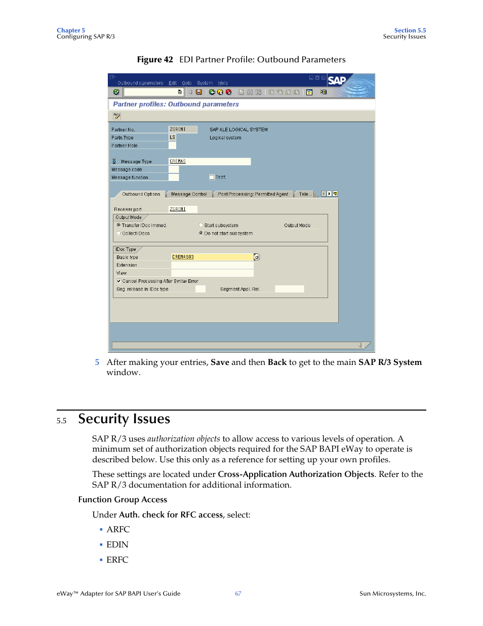 5 security issues, Security issues | Sun Microsystems eWay SAP BAPI User Manual | Page 67 / 123