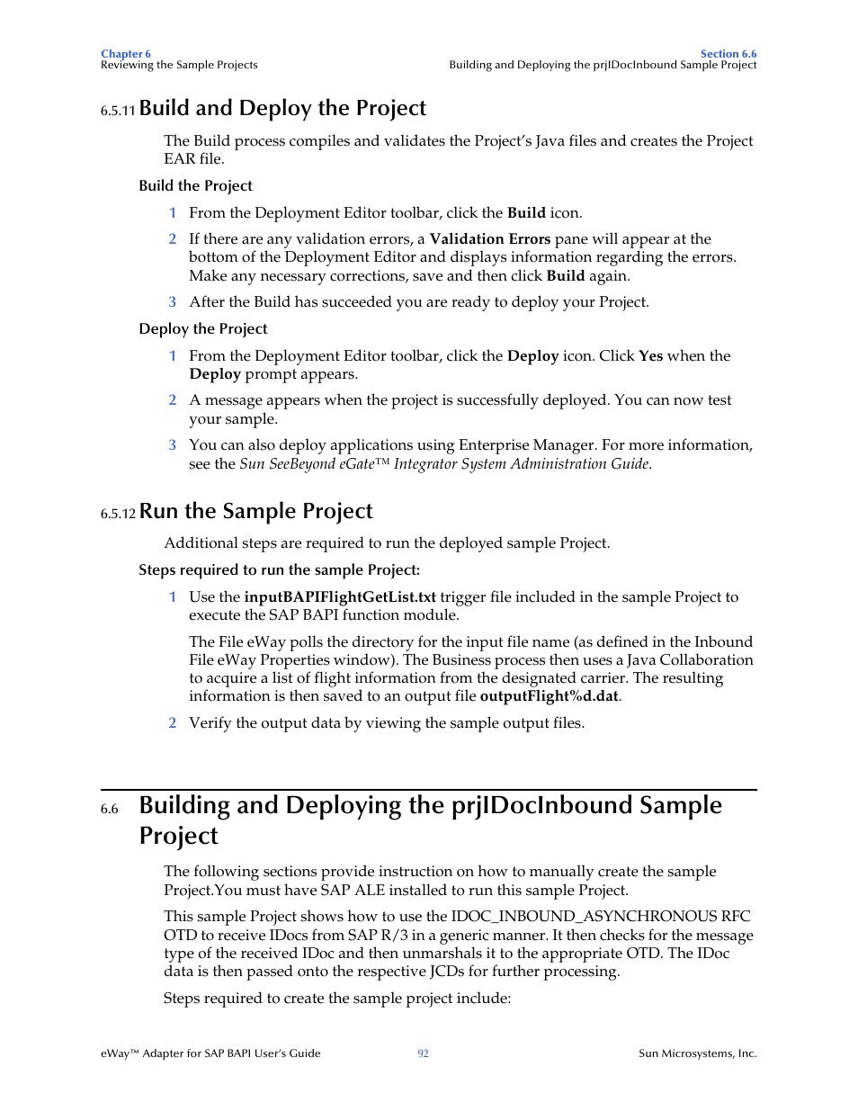 11 build and deploy the project, 12 run the sample project, Build and deploy the project | Run the sample project, Building and, Deploying the prjidocinbound sample project | Sun Microsystems eWay SAP BAPI User Manual | Page 92 / 123