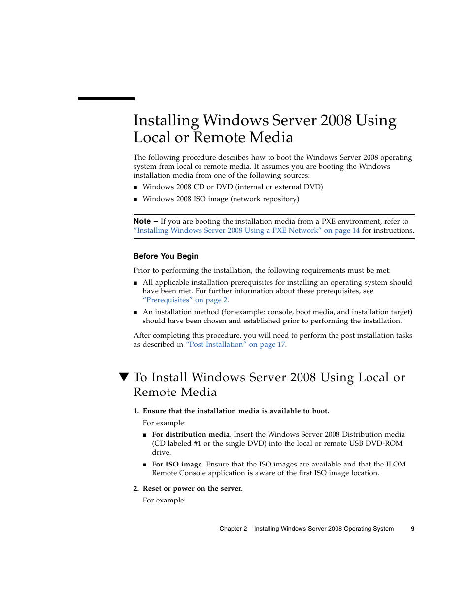 Before you begin, Installing windows server 2008 using, Local or remote media | Sun Microsystems SERVER MODULE X6275 User Manual | Page 17 / 38