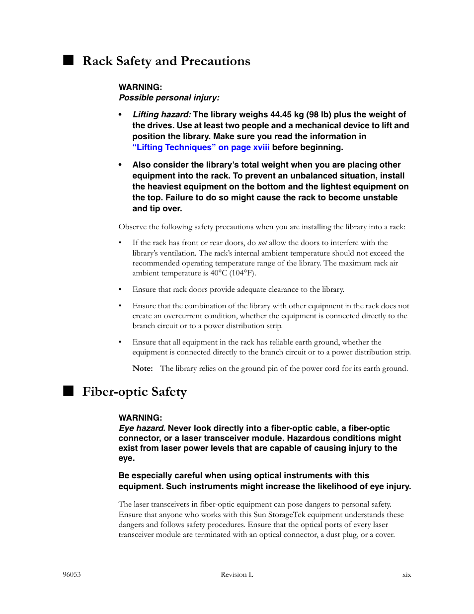 Rack safety and precautions, Fiber-optic safety | Sun Microsystems StorageTek L40 User Manual | Page 21 / 92