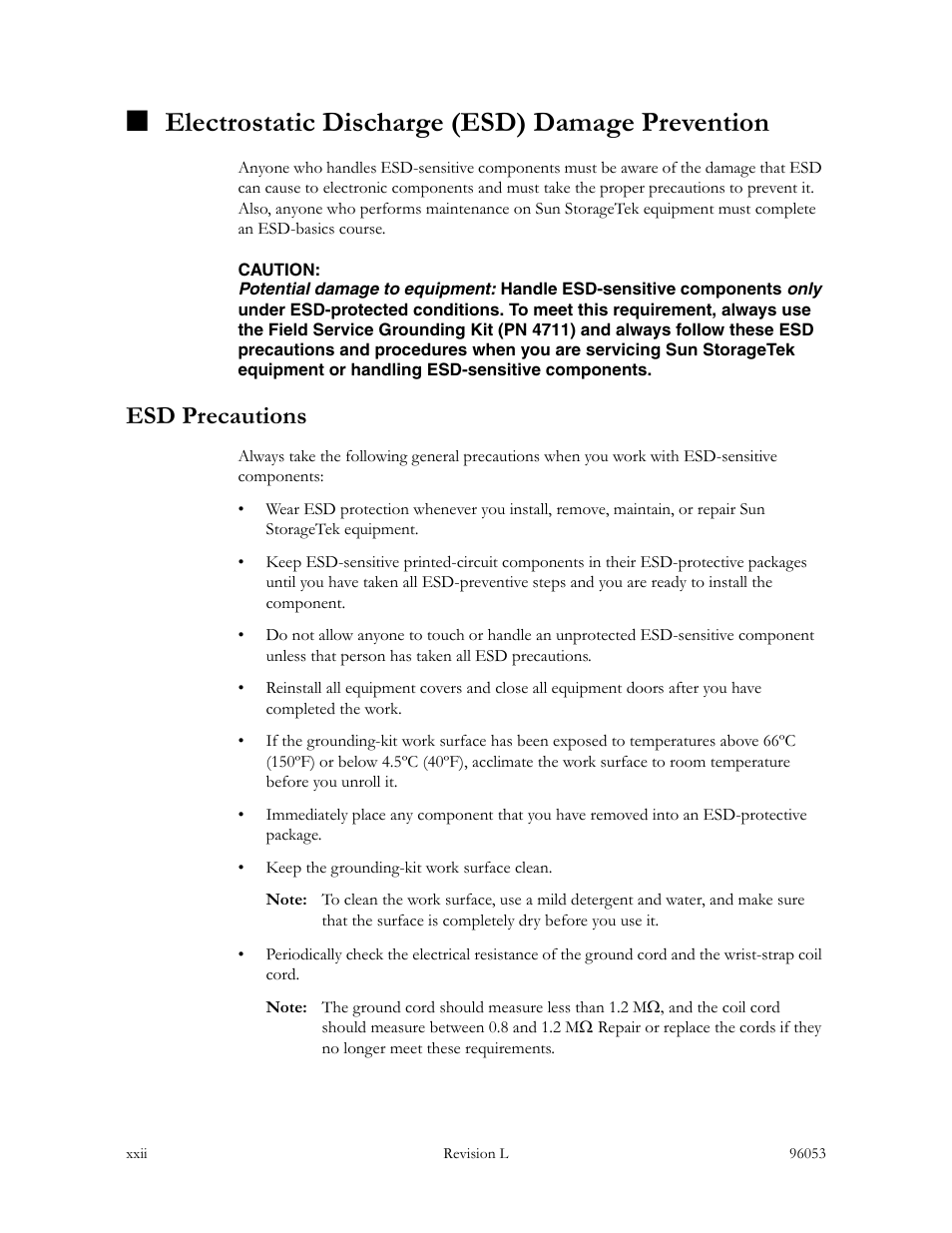 Electrostatic discharge (esd) damage prevention, Esd precautions | Sun Microsystems StorageTek L40 User Manual | Page 24 / 92