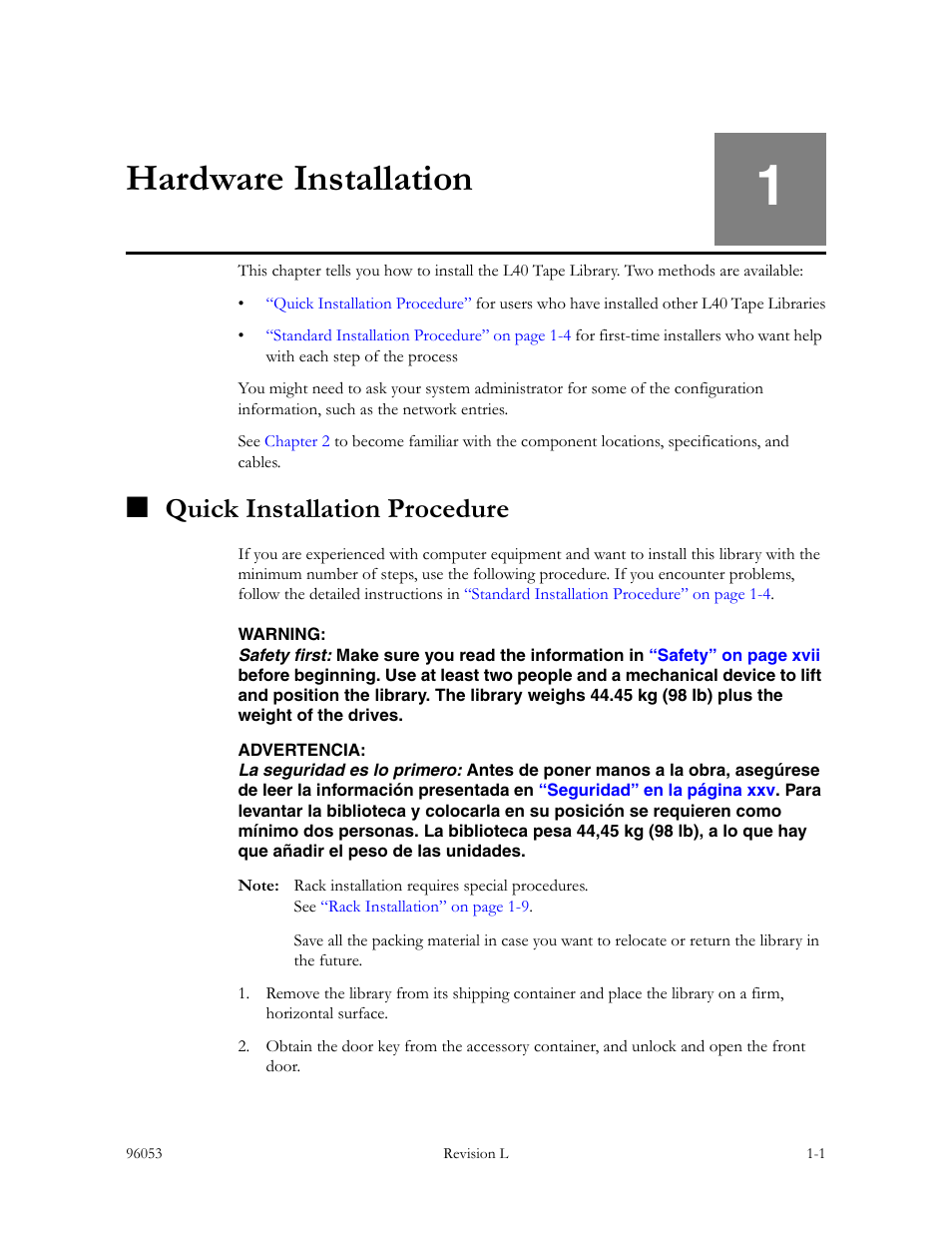 Hardware installation, Quick installation procedure, Hardware installation -1 | Quick installation procedure -1, Chapter 1, Tell | Sun Microsystems StorageTek L40 User Manual | Page 35 / 92