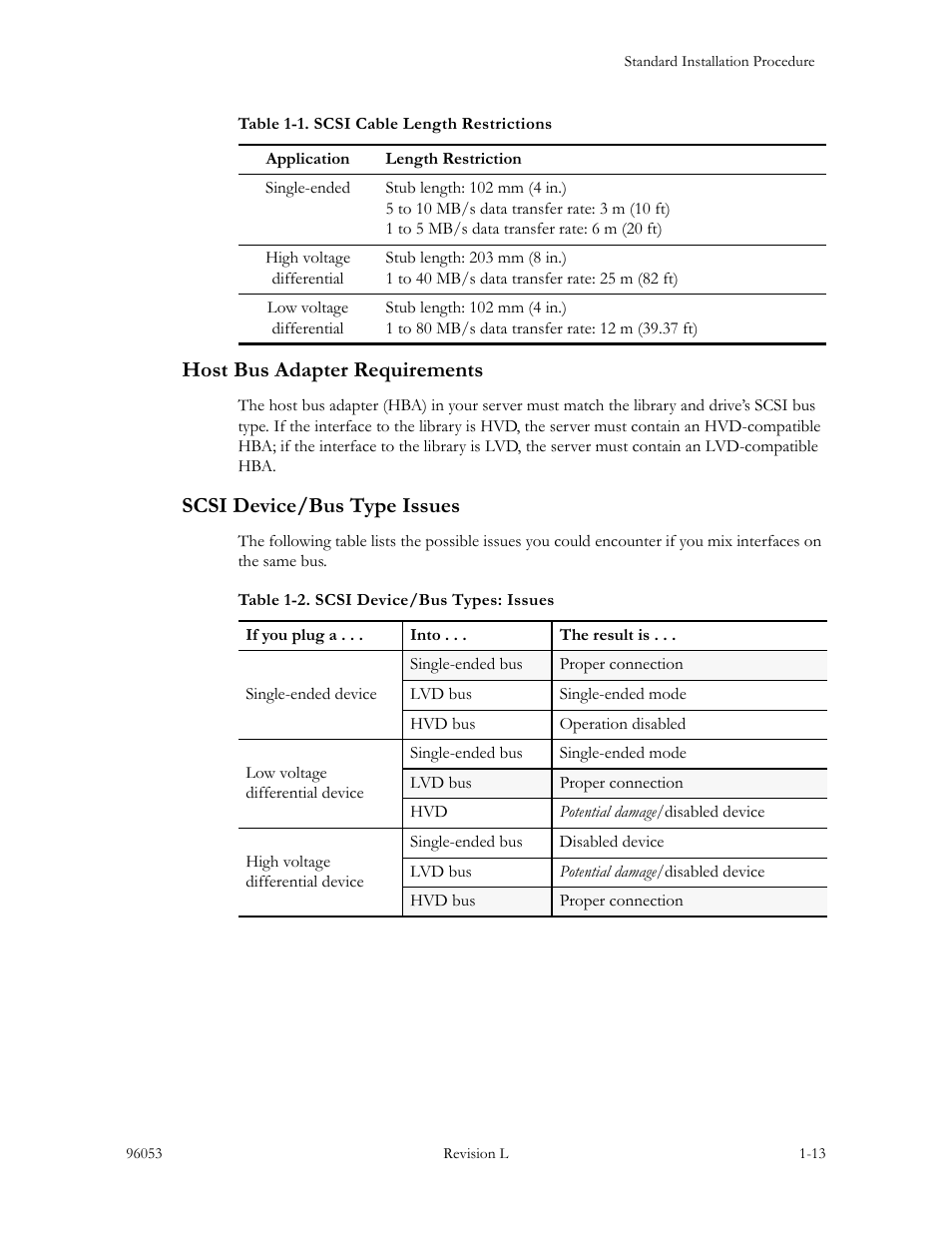 Host bus adapter requirements, Scsi device/bus type issues | Sun Microsystems StorageTek L40 User Manual | Page 47 / 92