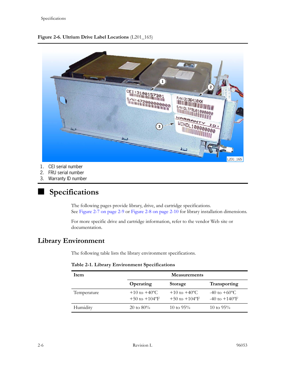 Specifications, Library environment, Specifications -6 | Library environment -6, Figure 2-6. ultrium drive label locations -6, Table 2-1. library environment specifications -6 | Sun Microsystems StorageTek L40 User Manual | Page 70 / 92