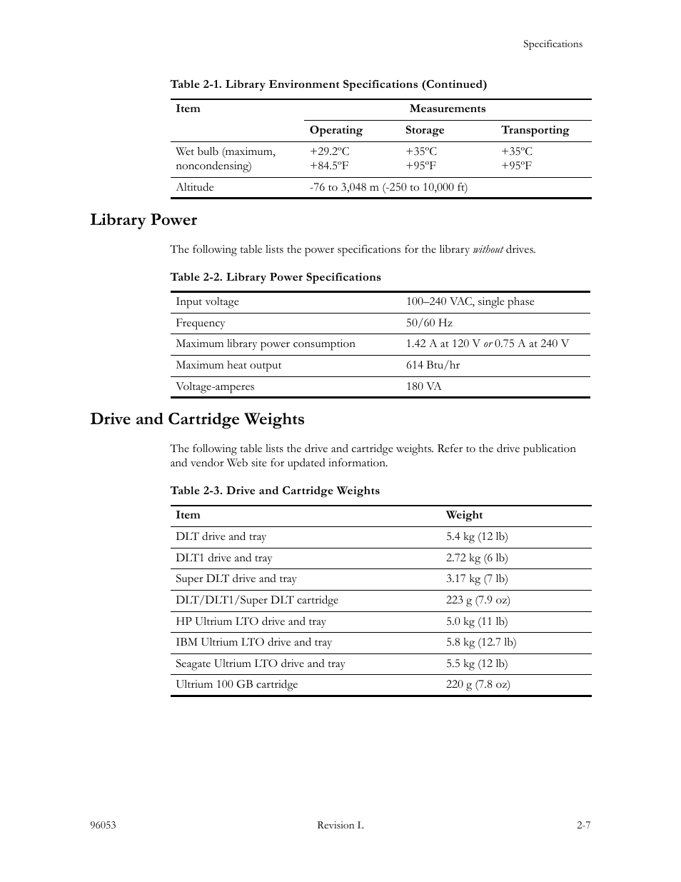 Library power, Drive and cartridge weights, Library power -7 drive and cartridge weights -7 | Sun Microsystems StorageTek L40 User Manual | Page 71 / 92