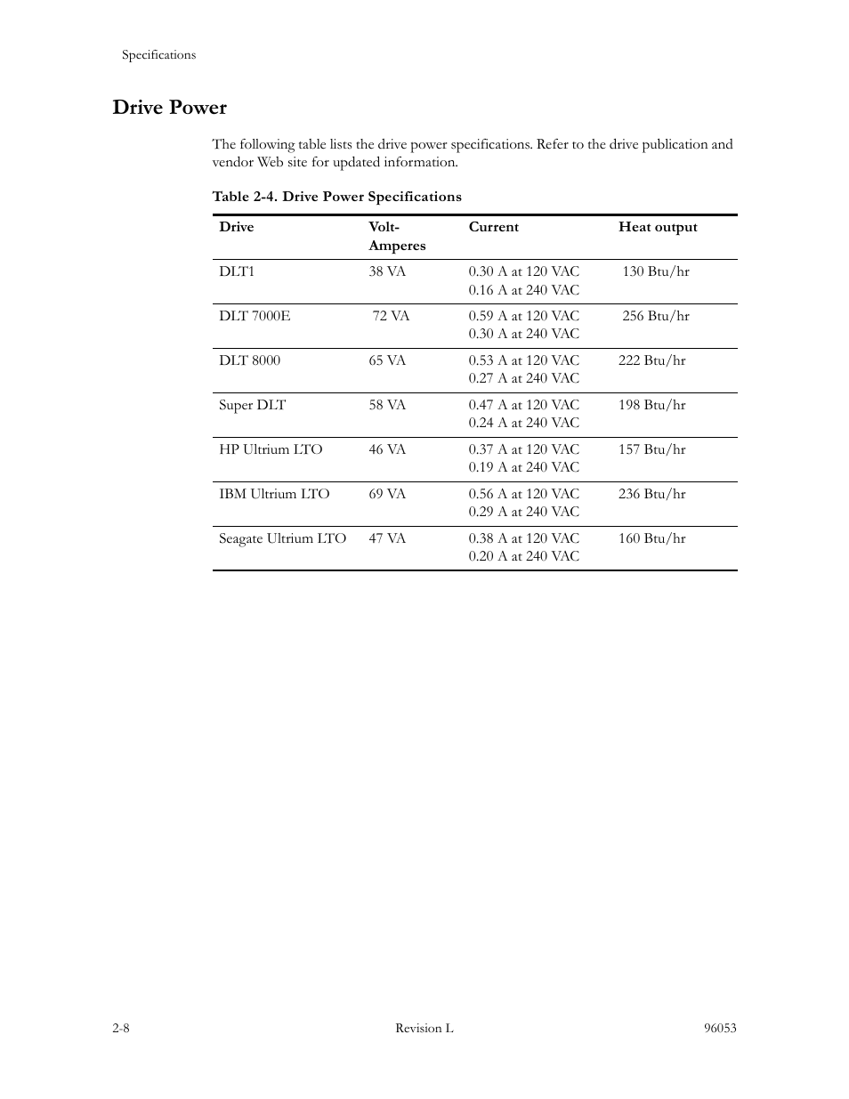 Drive power, Drive power -8, Table 2-4. drive power specifications -8 | Sun Microsystems StorageTek L40 User Manual | Page 72 / 92