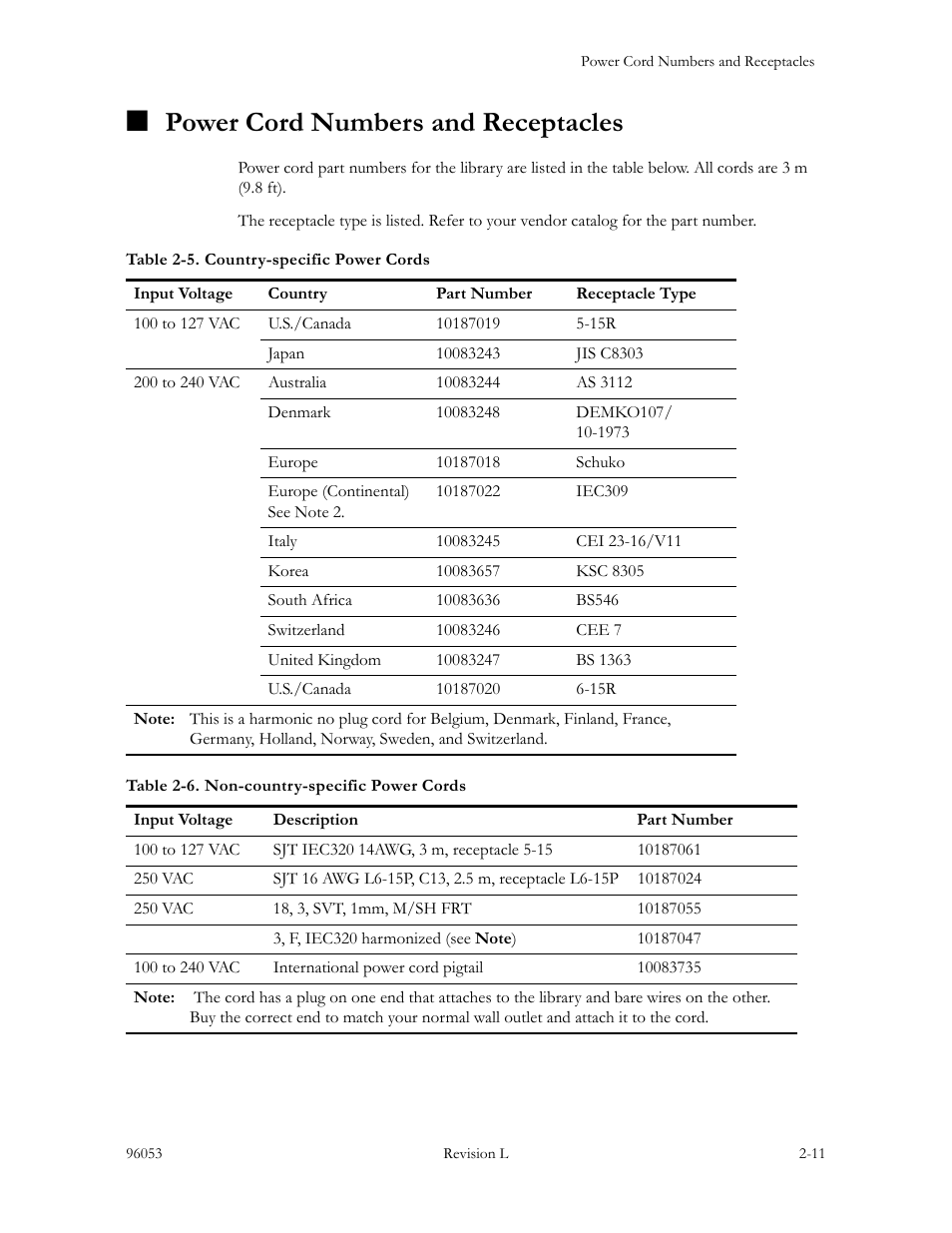 Power cord numbers and receptacles, Table 2-5, Table 2-6 | Power cord numbers and receptacles -11 | Sun Microsystems StorageTek L40 User Manual | Page 75 / 92