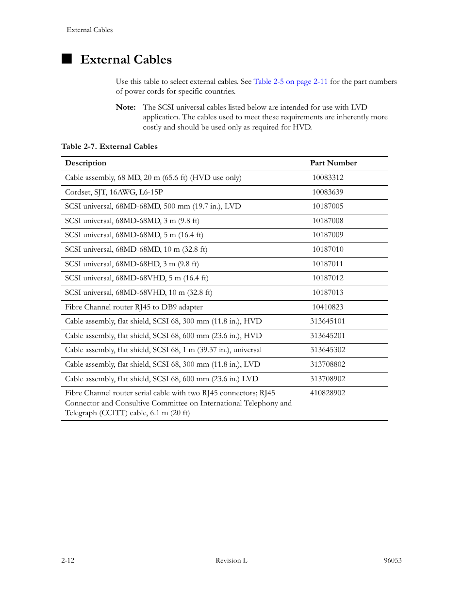 External cables, Table 2-7, External cables -12 | Table 2-7. external cables -12 | Sun Microsystems StorageTek L40 User Manual | Page 76 / 92