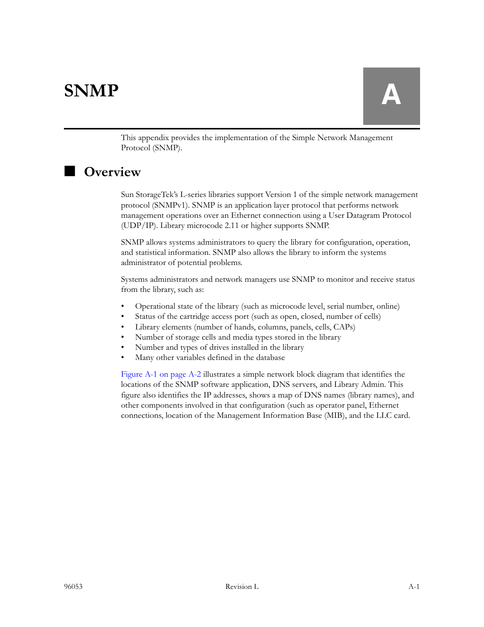 Snmp, Overview, Appendix a | Sun Microsystems StorageTek L40 User Manual | Page 77 / 92