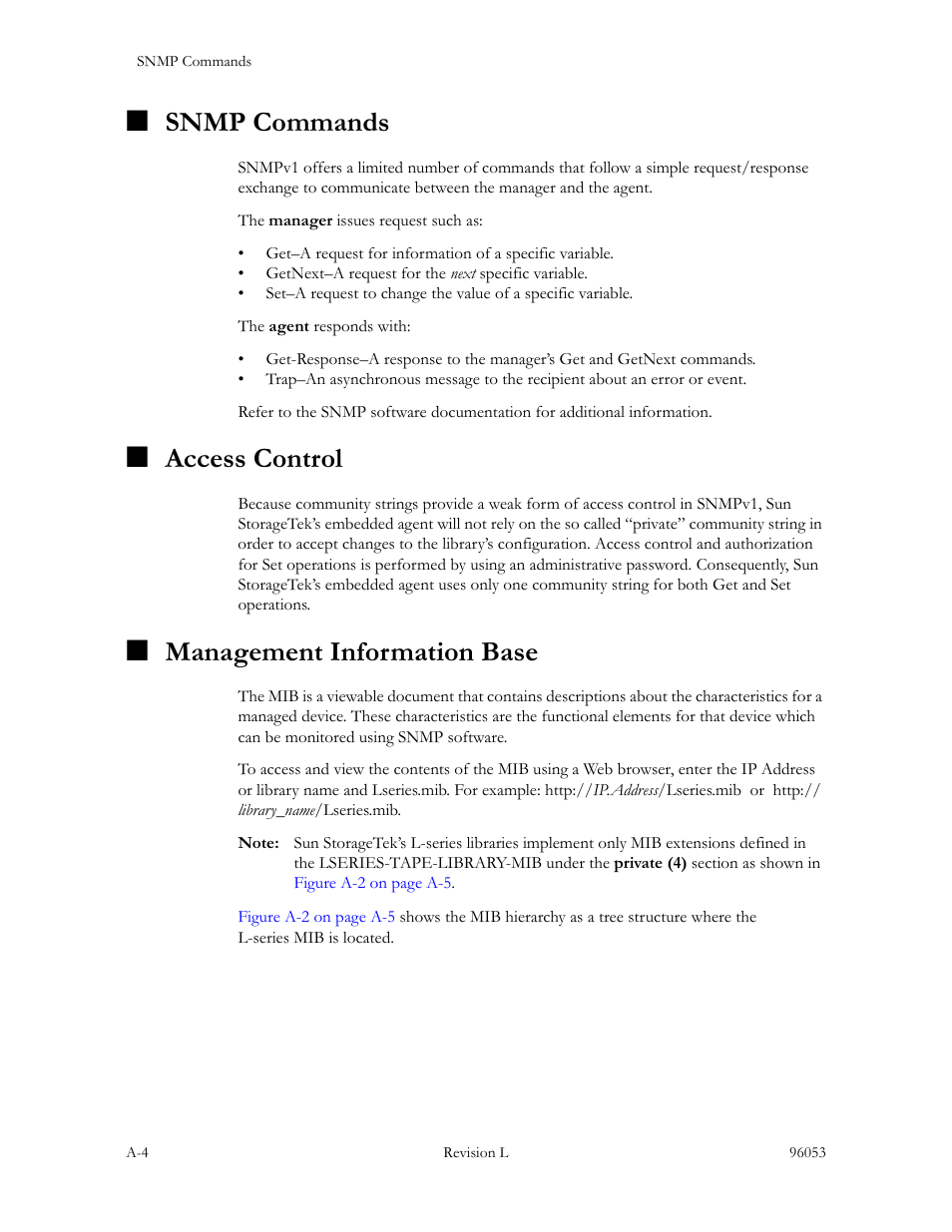 Snmp commands, Access control, Management information base | Sun Microsystems StorageTek L40 User Manual | Page 80 / 92