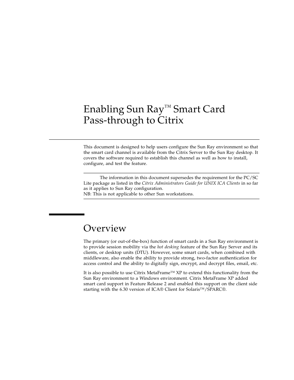 Overview, Enabling sun ray, Smart card pass-through to citrix | Sun Microsystems and Citrix User Manual | Page 5 / 14