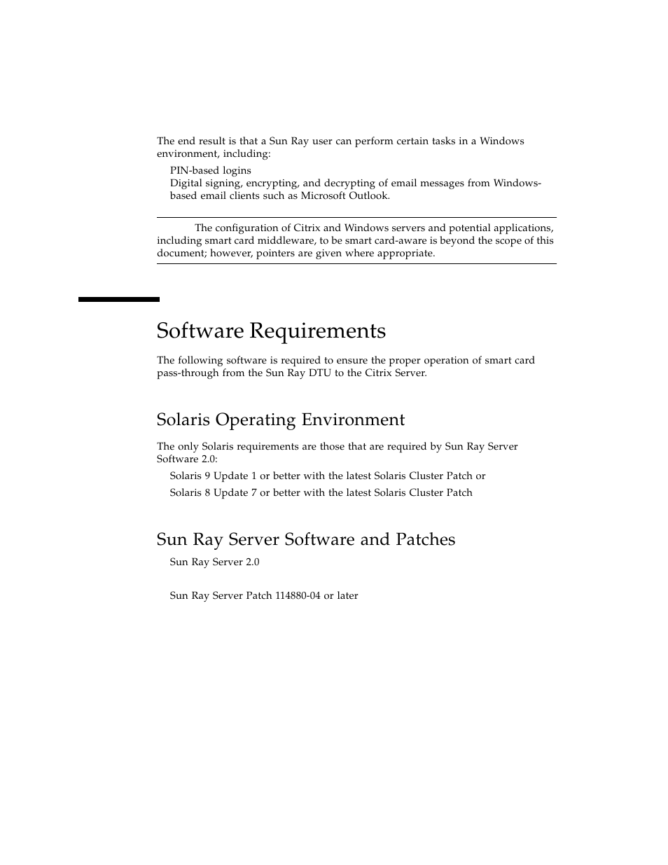 Software requirements, Solaris operating environment, Sun ray server software and patches | Sun Microsystems and Citrix User Manual | Page 6 / 14