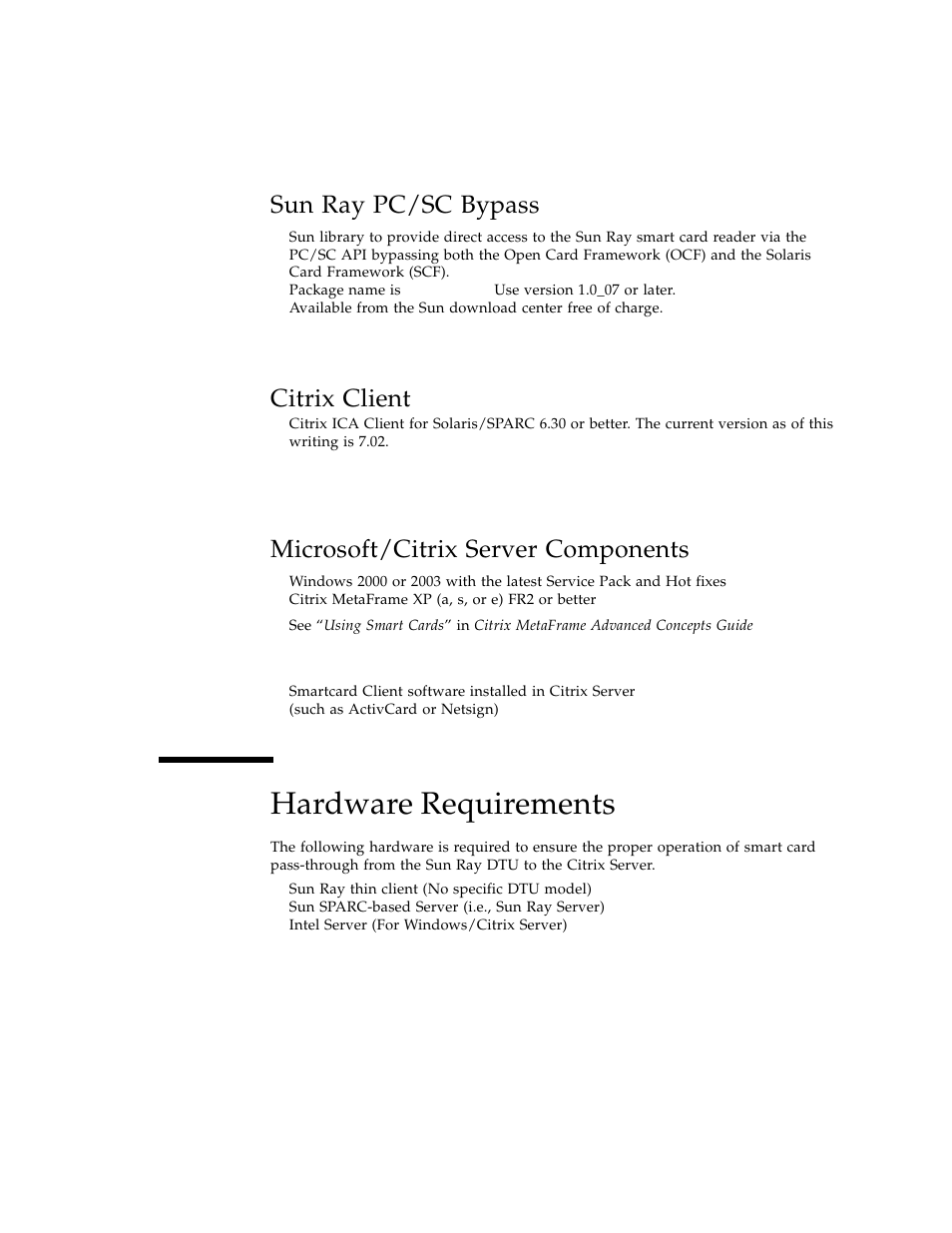 Sun ray pc/sc bypass, Citrix client, Microsoft/citrix server components | Hardware requirements | Sun Microsystems and Citrix User Manual | Page 7 / 14