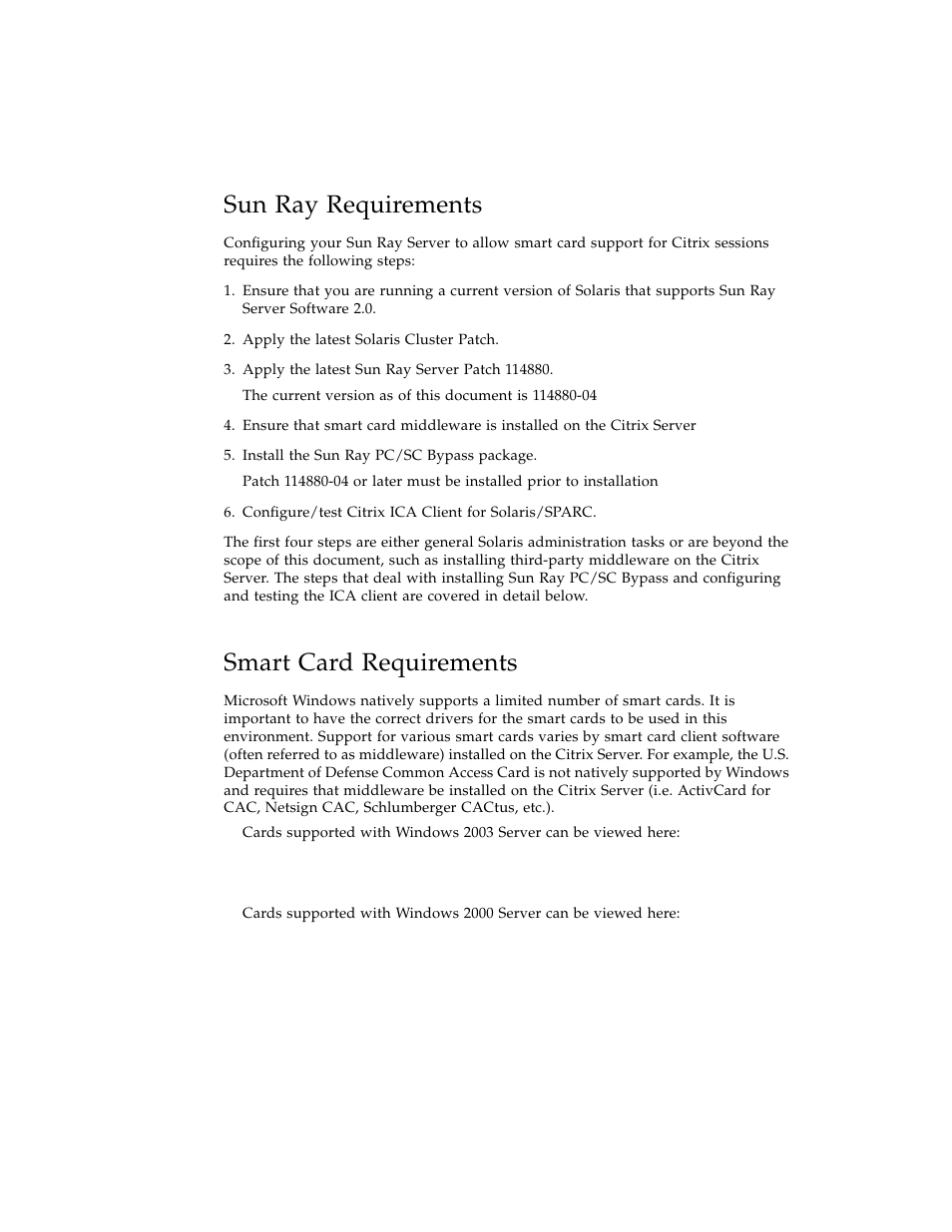 Sun ray requirements, Smart card requirements | Sun Microsystems and Citrix User Manual | Page 8 / 14