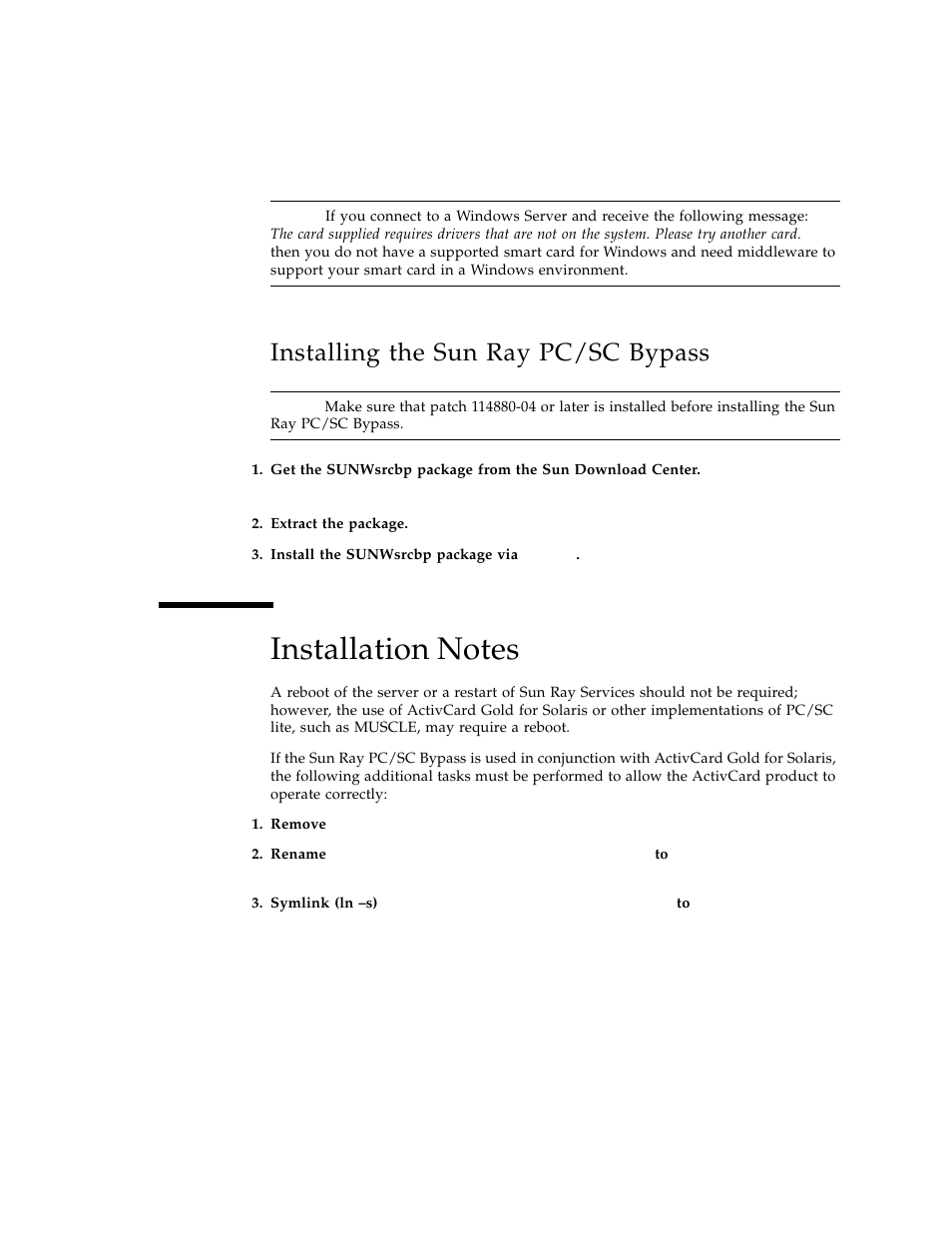 Installing the sun ray pc/sc bypass, Installation notes | Sun Microsystems and Citrix User Manual | Page 9 / 14