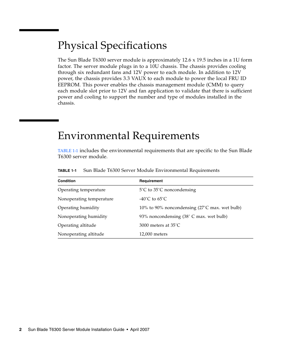 Physical specifications, Environmental requirements | Sun Microsystems Sun Blade T6300 User Manual | Page 10 / 20