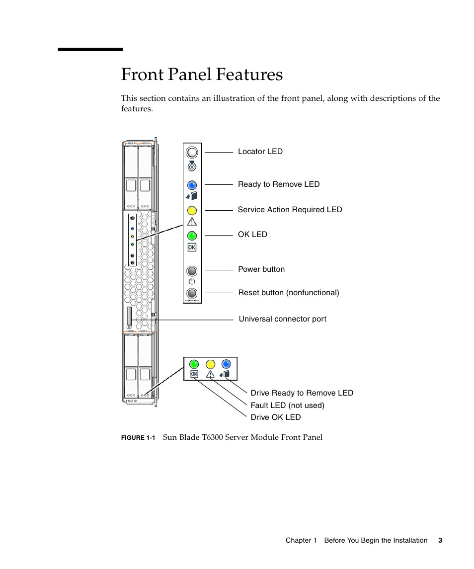 Front panel features | Sun Microsystems Sun Blade T6300 User Manual | Page 11 / 20