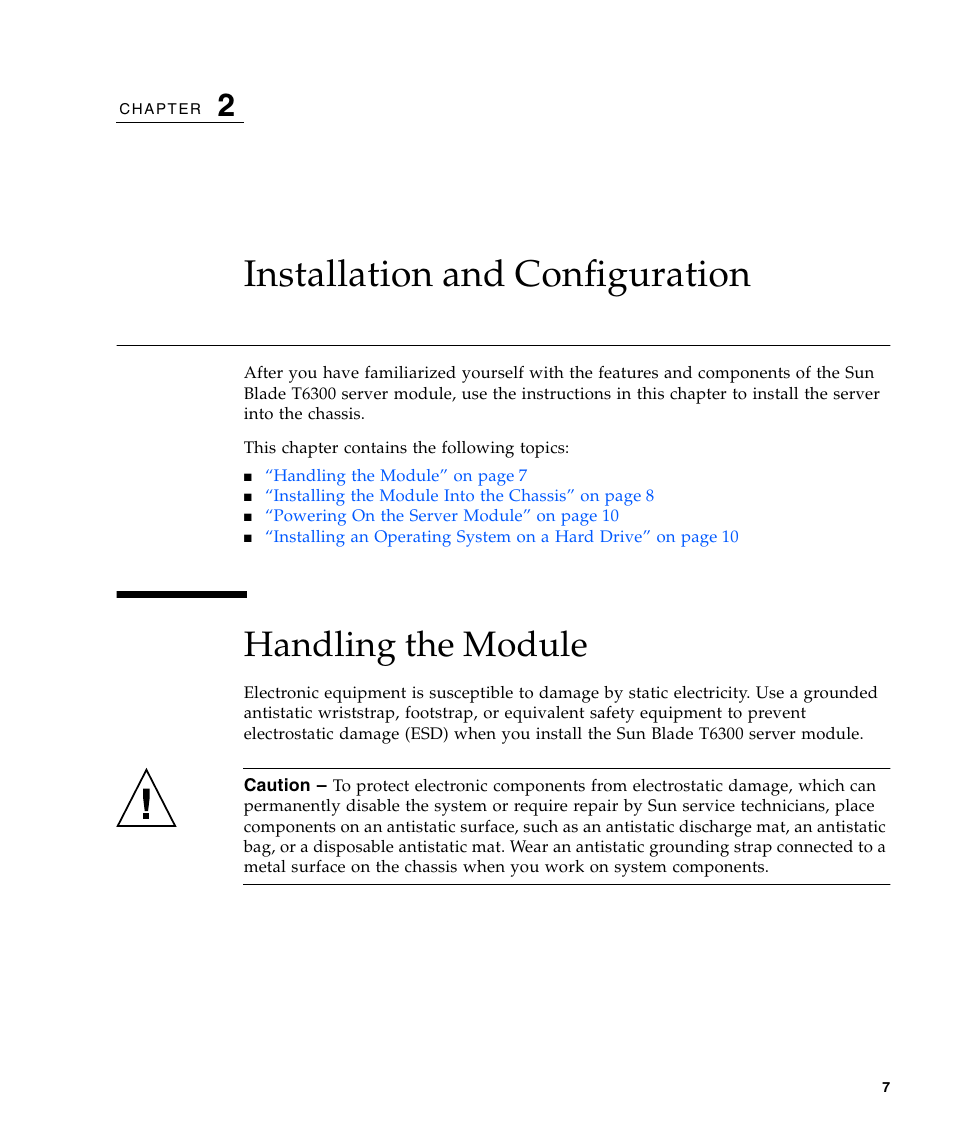 Installation and configuration, Handling the module | Sun Microsystems Sun Blade T6300 User Manual | Page 15 / 20