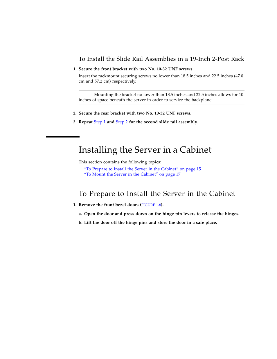 Installing the server in a cabinet, To prepare to install the server in the cabinet | Sun Microsystems SERVER 1290 User Manual | Page 27 / 76