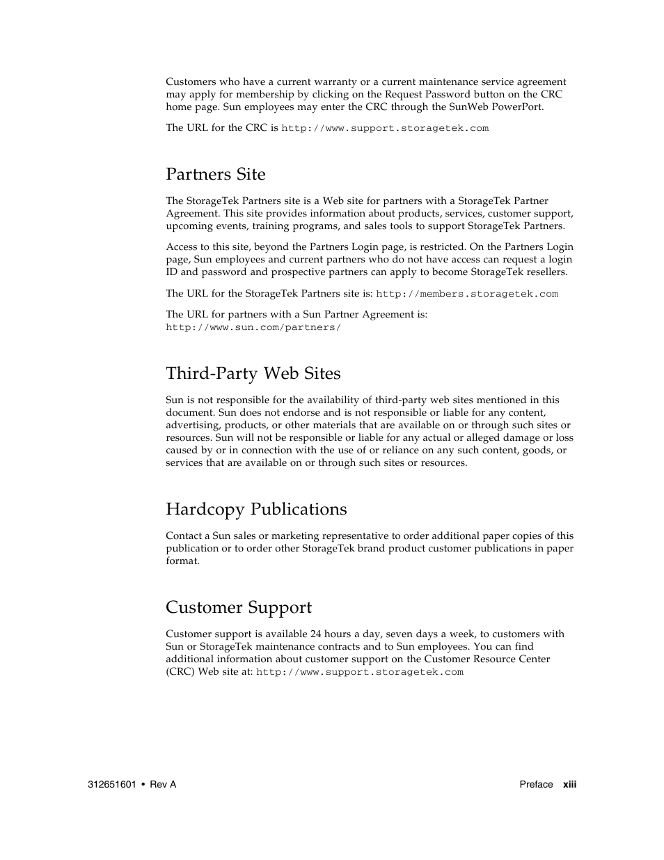 Partners site, Third-party web sites, Hardcopy publications | Customer support | Sun Microsystems SUN STORAGETEK VSM GUI User Manual | Page 15 / 68