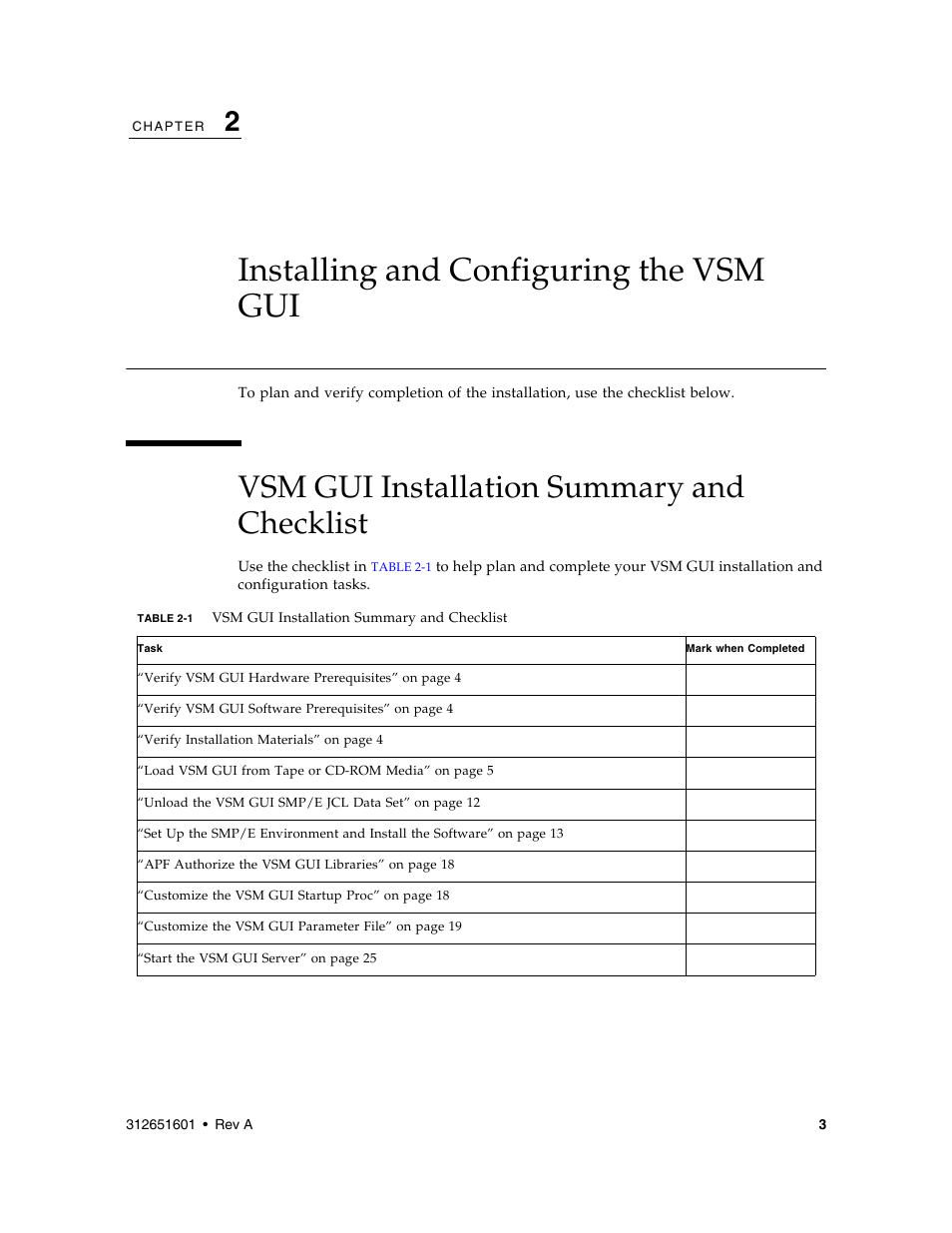 Installing and configuring the vsm gui, Vsm gui installation summary and checklist, Installing and configuring the vsm gui 3 | Vsm gui installation summary and checklist 3, Table 2-1, 2, “installing and configuring the vsm gui | Sun Microsystems SUN STORAGETEK VSM GUI User Manual | Page 21 / 68