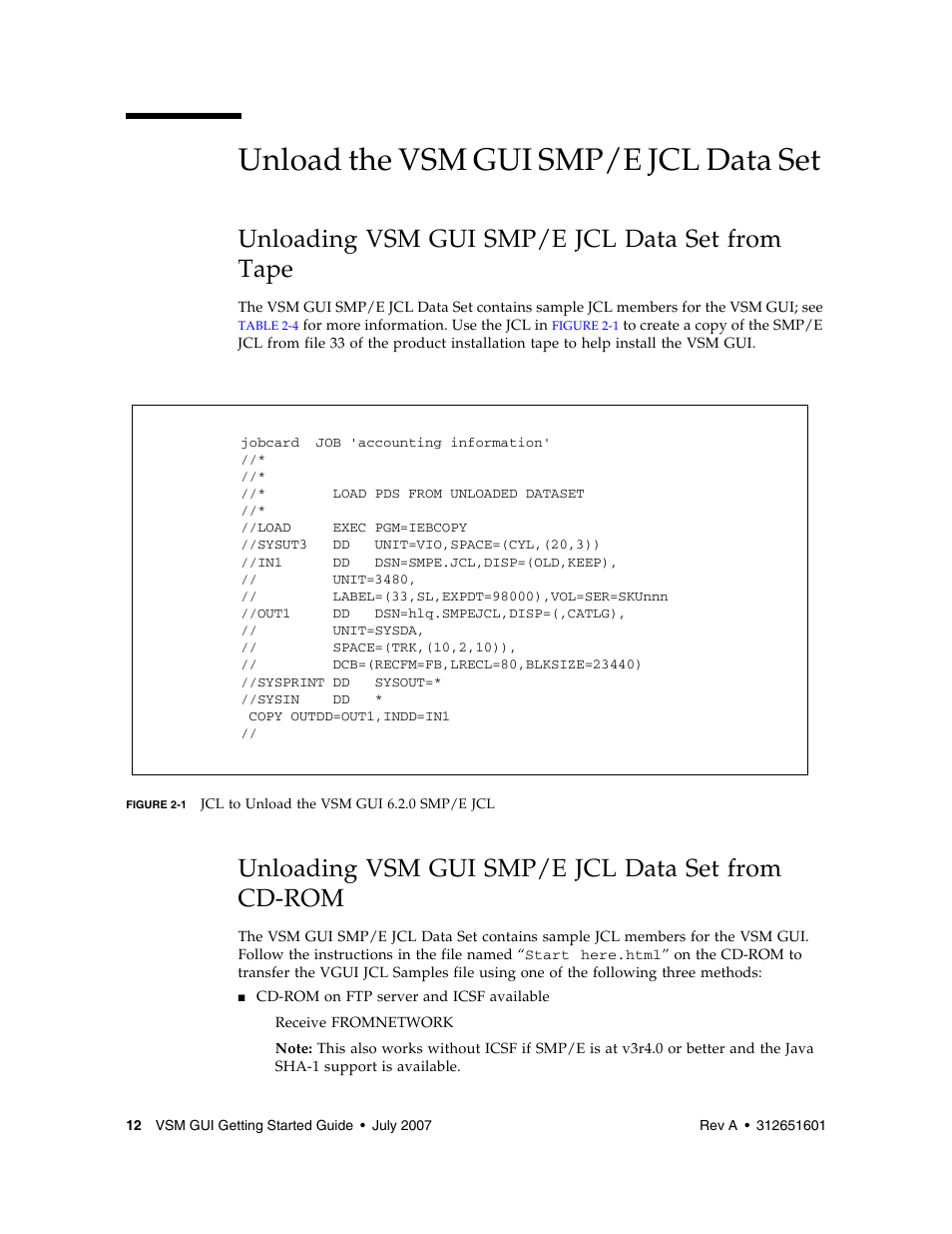 Unload the vsm gui smp/e jcl data set, Unloading vsm gui smp/e jcl data set from tape, Unloading vsm gui smp/e jcl data set from cd-rom | Sun Microsystems SUN STORAGETEK VSM GUI User Manual | Page 30 / 68