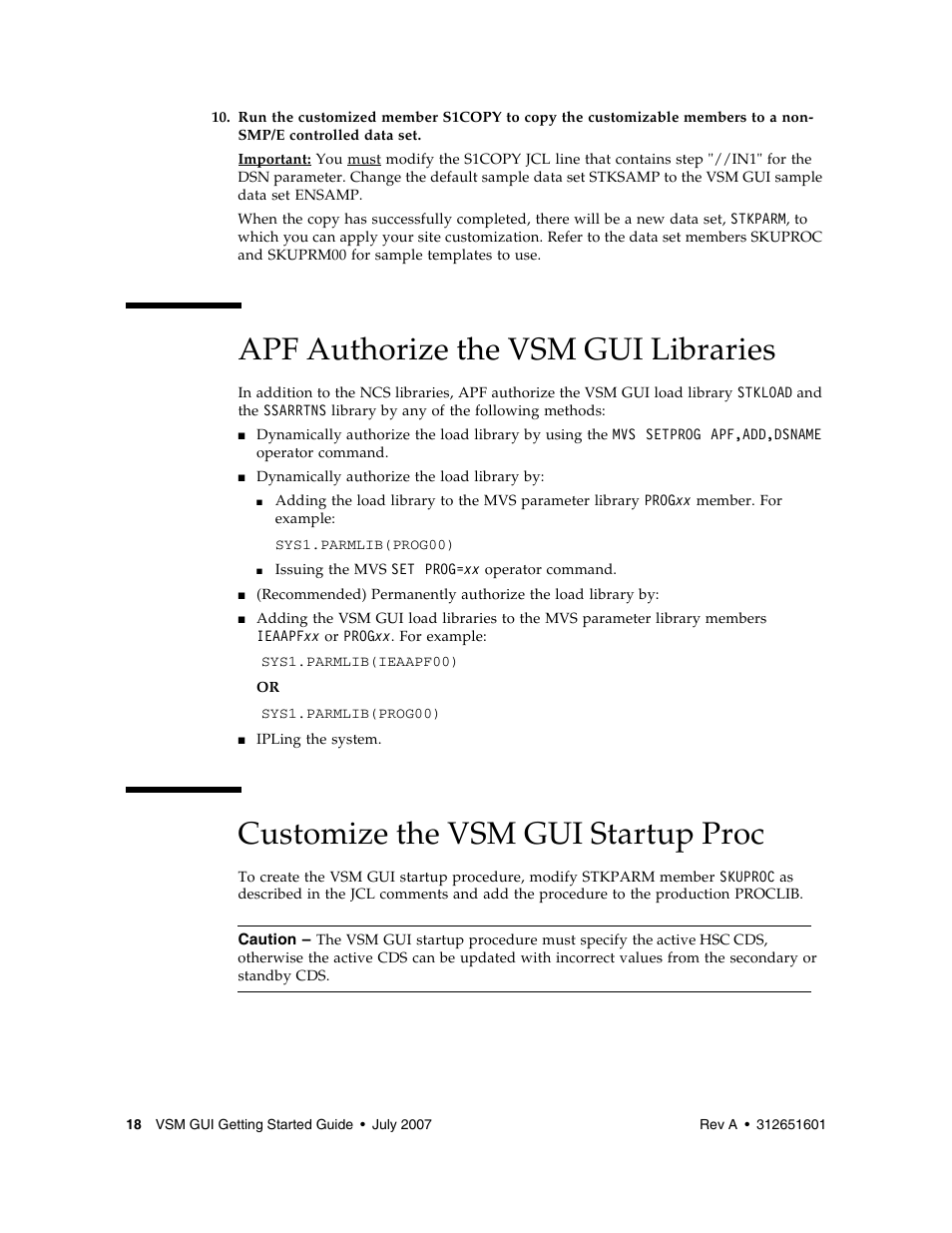 Apf authorize the vsm gui libraries, Customize the vsm gui startup proc | Sun Microsystems SUN STORAGETEK VSM GUI User Manual | Page 36 / 68