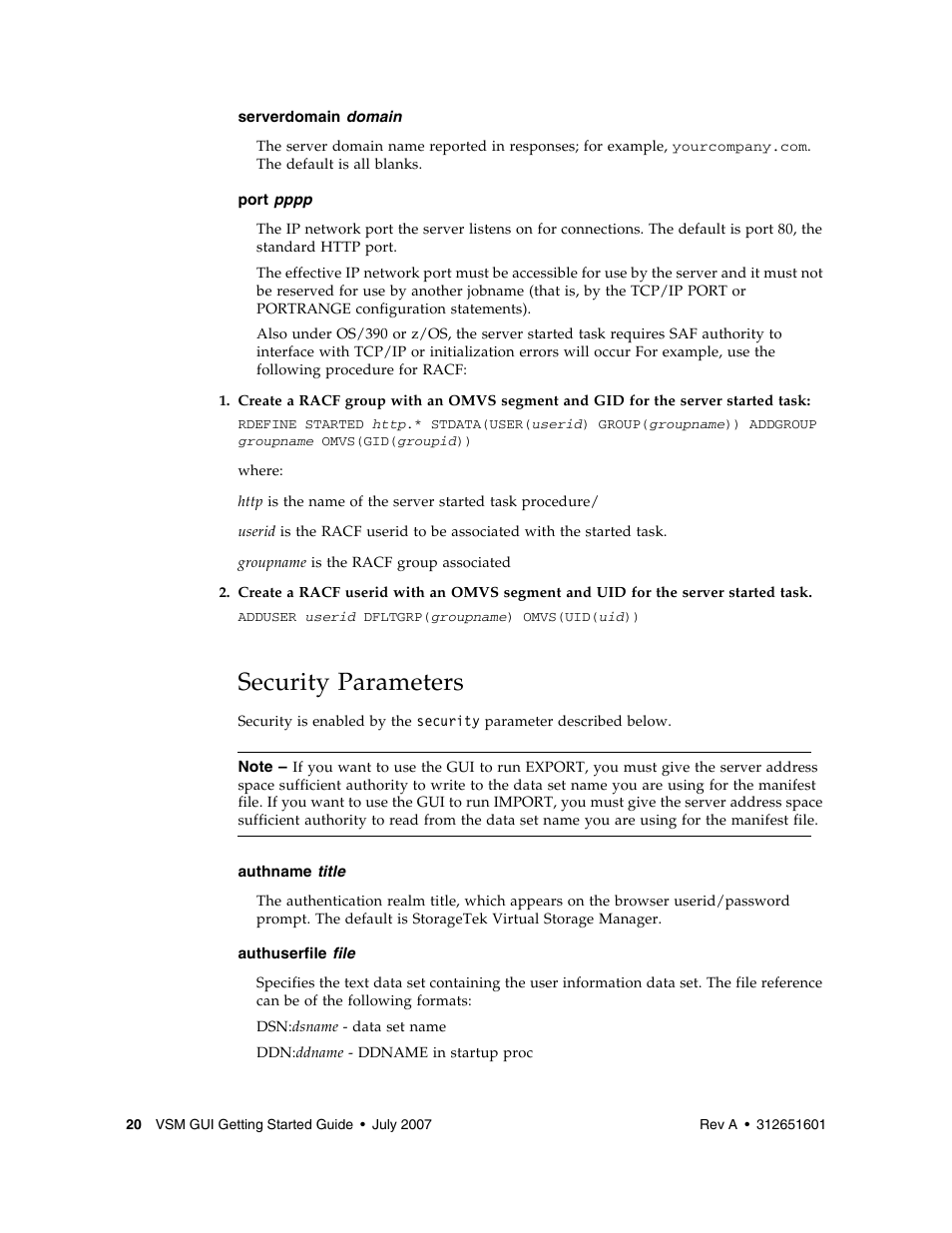 Security parameters | Sun Microsystems SUN STORAGETEK VSM GUI User Manual | Page 38 / 68