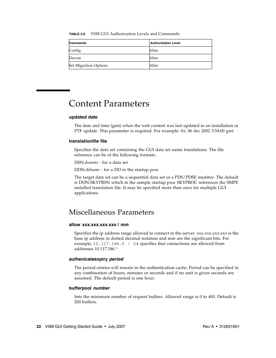 Content parameters, Miscellaneous parameters, Content parameters 22 | Miscellaneous parameters 22 | Sun Microsystems SUN STORAGETEK VSM GUI User Manual | Page 40 / 68