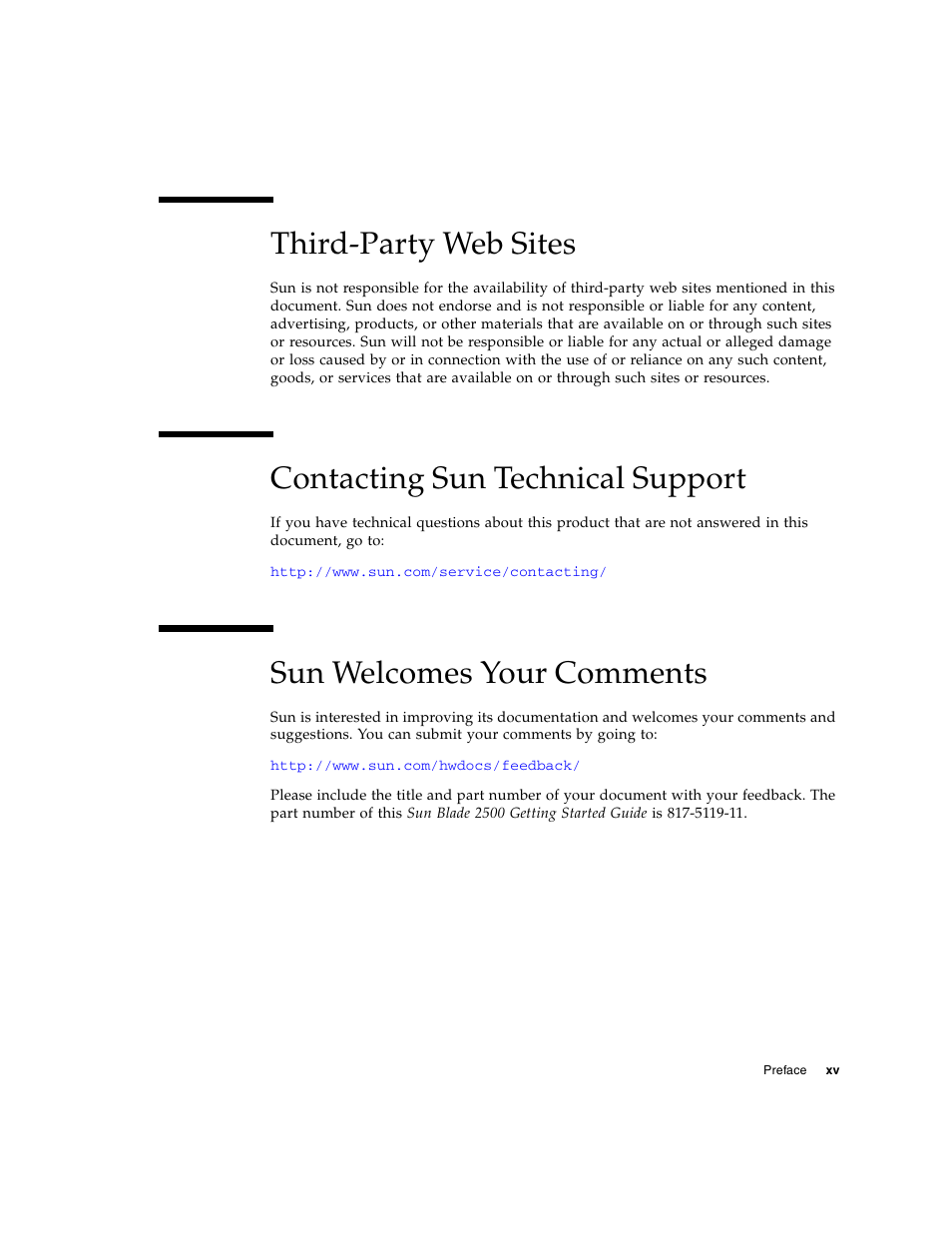 Third-party web sites, Contacting sun technical support, Sun welcomes your comments | Sun Microsystems Sun Blade 2500 User Manual | Page 15 / 56