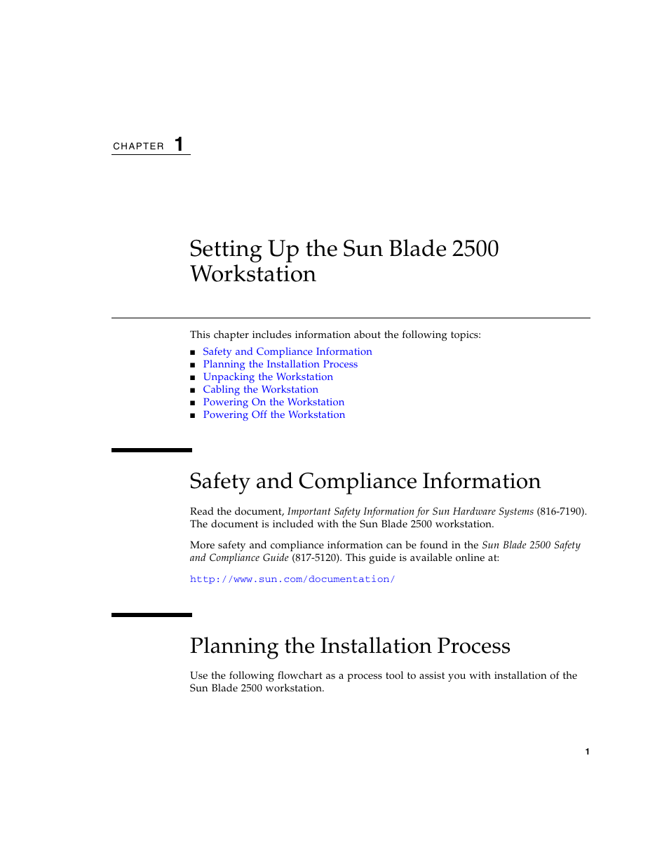 Setting up the sun blade 2500 workstation, Safety and compliance information, Planning the installation process | Chapter | Sun Microsystems Sun Blade 2500 User Manual | Page 17 / 56