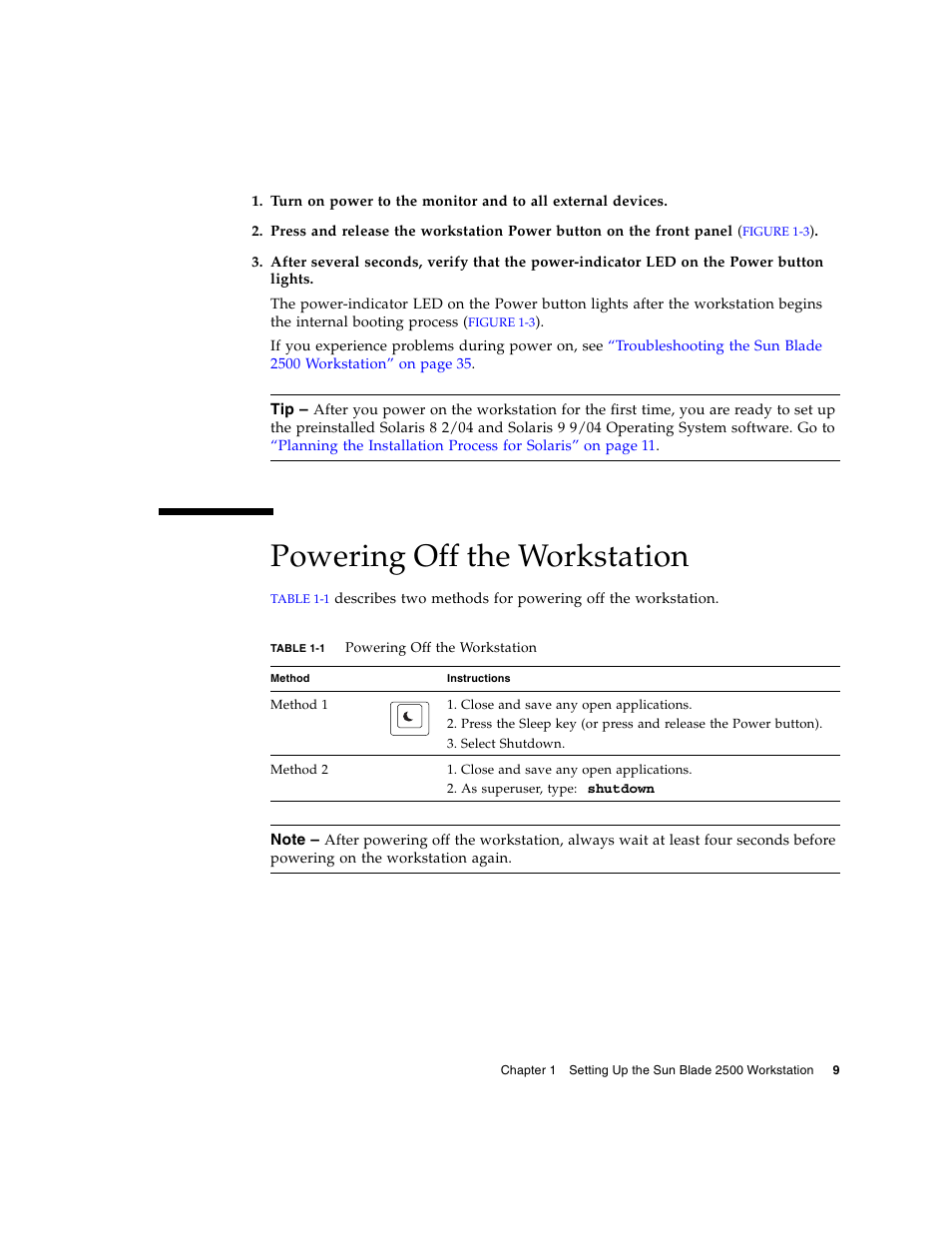 Powering off the workstation, Table | Sun Microsystems Sun Blade 2500 User Manual | Page 25 / 56