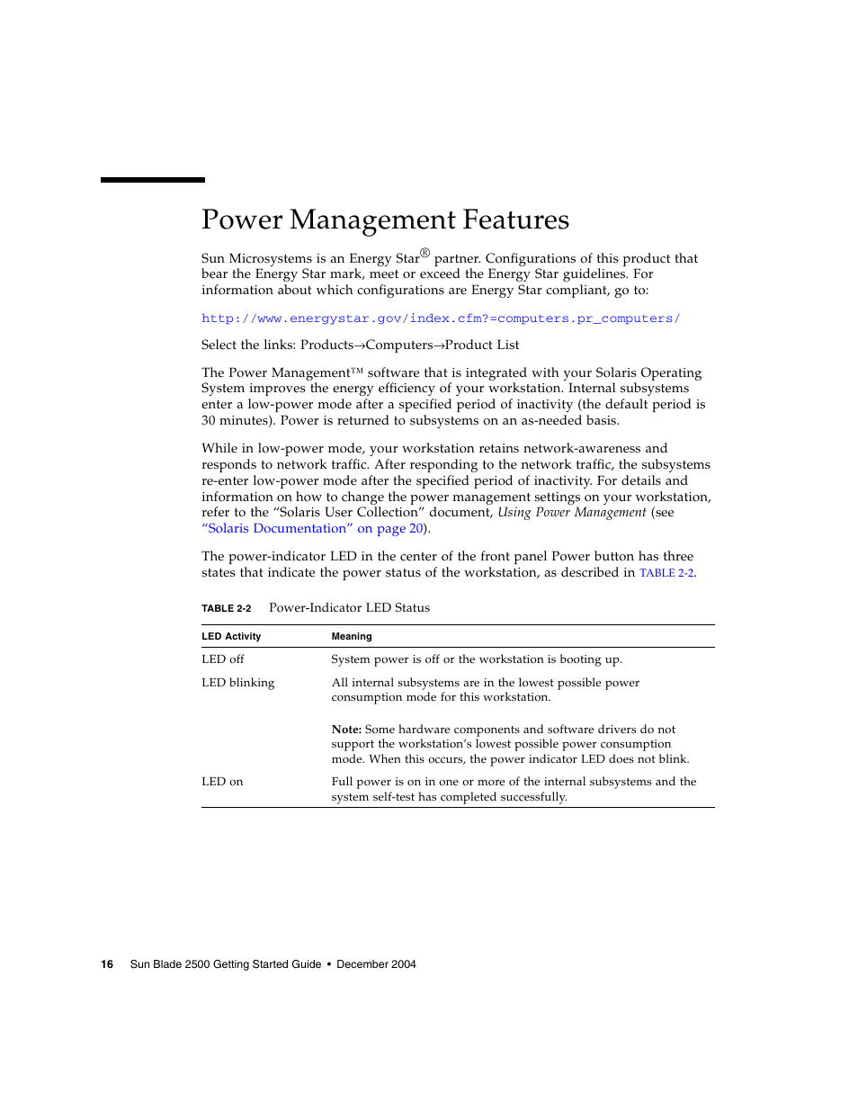 Power management features, Table | Sun Microsystems Sun Blade 2500 User Manual | Page 32 / 56