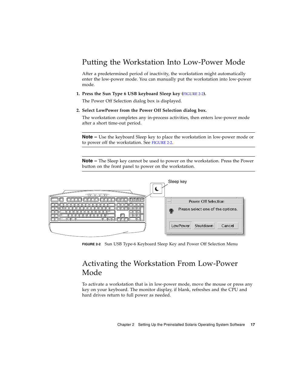 Putting the workstation into low-power mode, Activating the workstation from low-power mode, Figure | Sleep key, Figure 2-2 | Sun Microsystems Sun Blade 2500 User Manual | Page 33 / 56