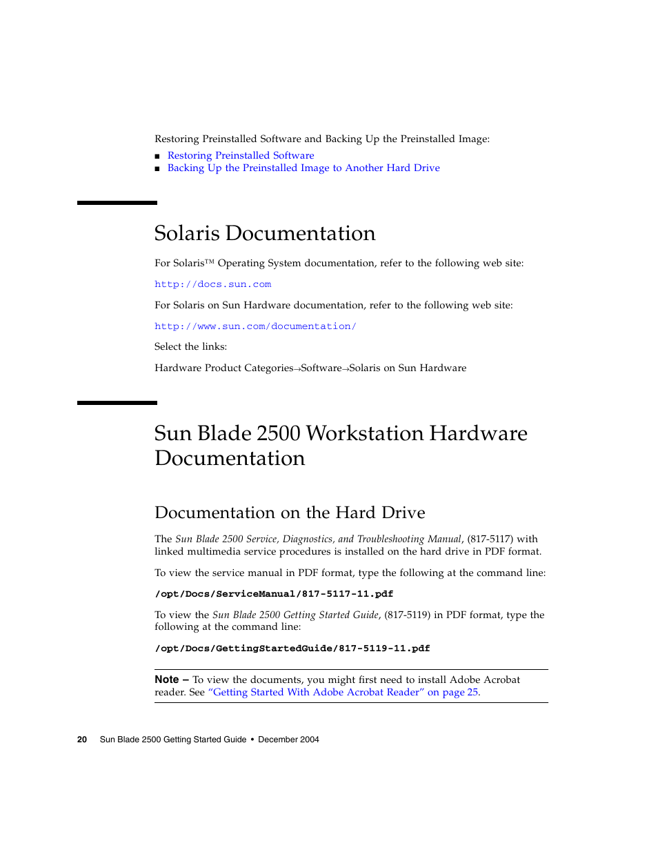 Solaris documentation, Sun blade 2500 workstation hardware documentation, Documentation on the hard drive | Sun Microsystems Sun Blade 2500 User Manual | Page 36 / 56