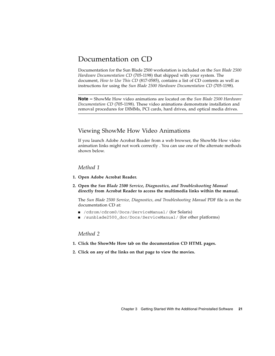 Documentation on cd, Viewing showme how video animations, Method 1 | Method 2 | Sun Microsystems Sun Blade 2500 User Manual | Page 37 / 56