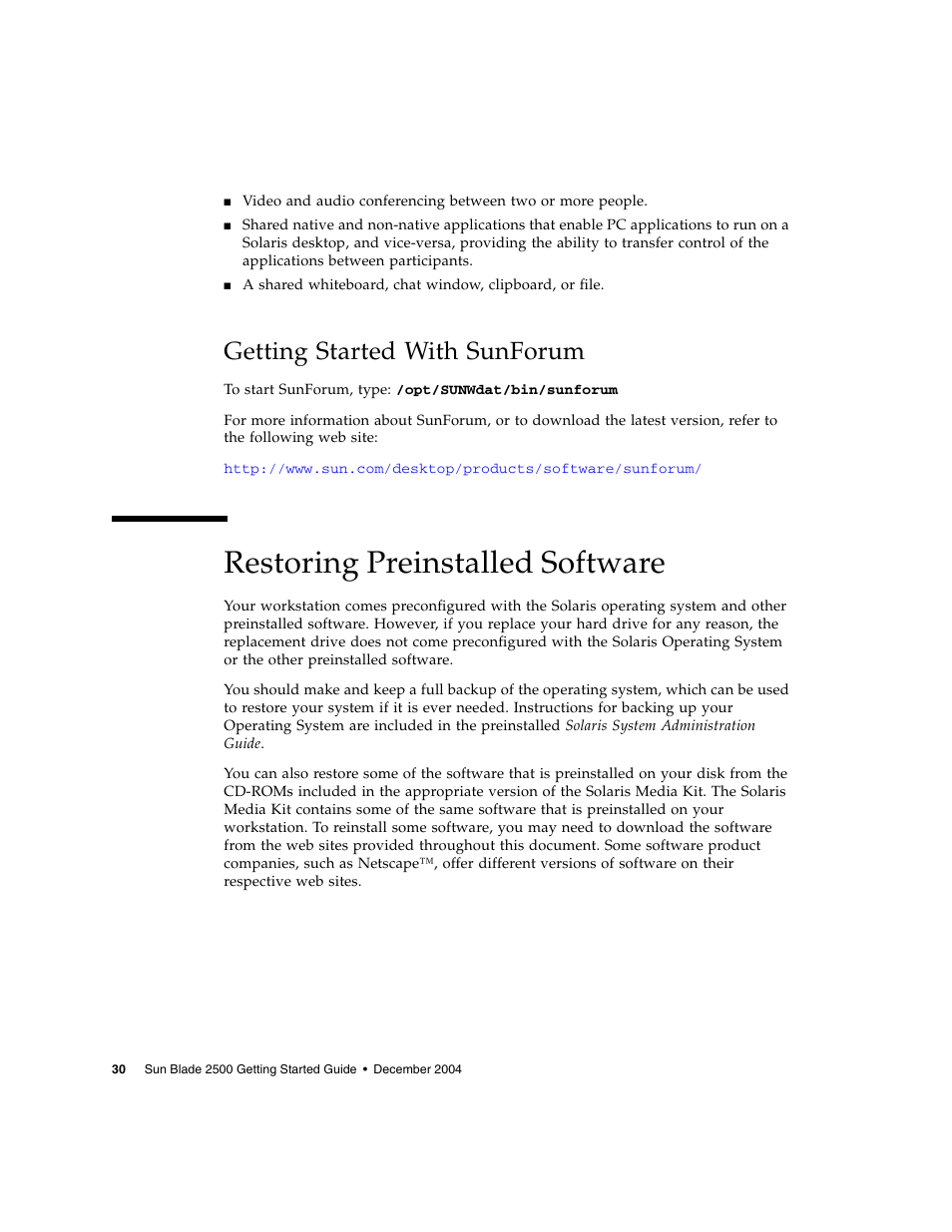 Getting started with sunforum, Restoring preinstalled software | Sun Microsystems Sun Blade 2500 User Manual | Page 46 / 56