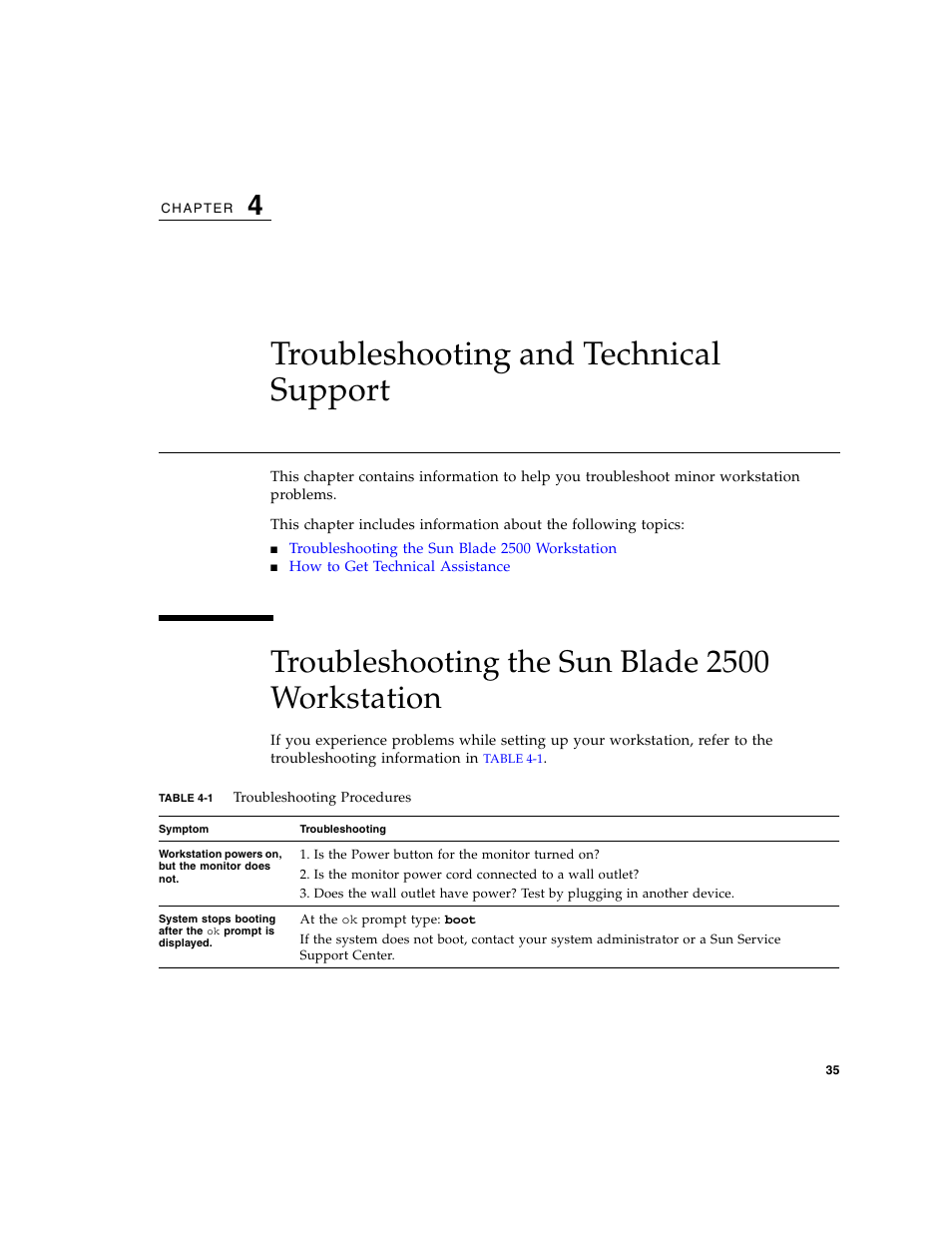 Troubleshooting and technical support, Troubleshooting the sun blade 2500 workstation, Table | Chapter, Describes workstation tr, Oblems during power on, see, Troubleshooting the sun blade | Sun Microsystems Sun Blade 2500 User Manual | Page 51 / 56