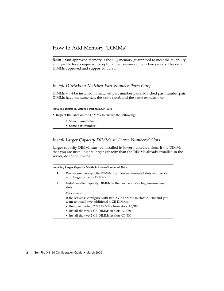 How to add memory (dimms), Install dimms in matched part number pairs only | Sun Microsystems Sun FireTM X4150 User Manual | Page 4 / 12