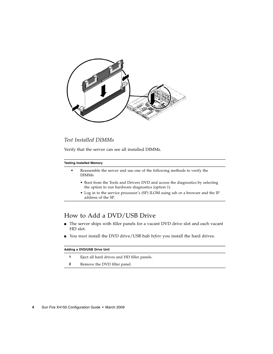 How to add a dvd/usb drive, Test installed dimms | Sun Microsystems Sun FireTM X4150 User Manual | Page 6 / 12